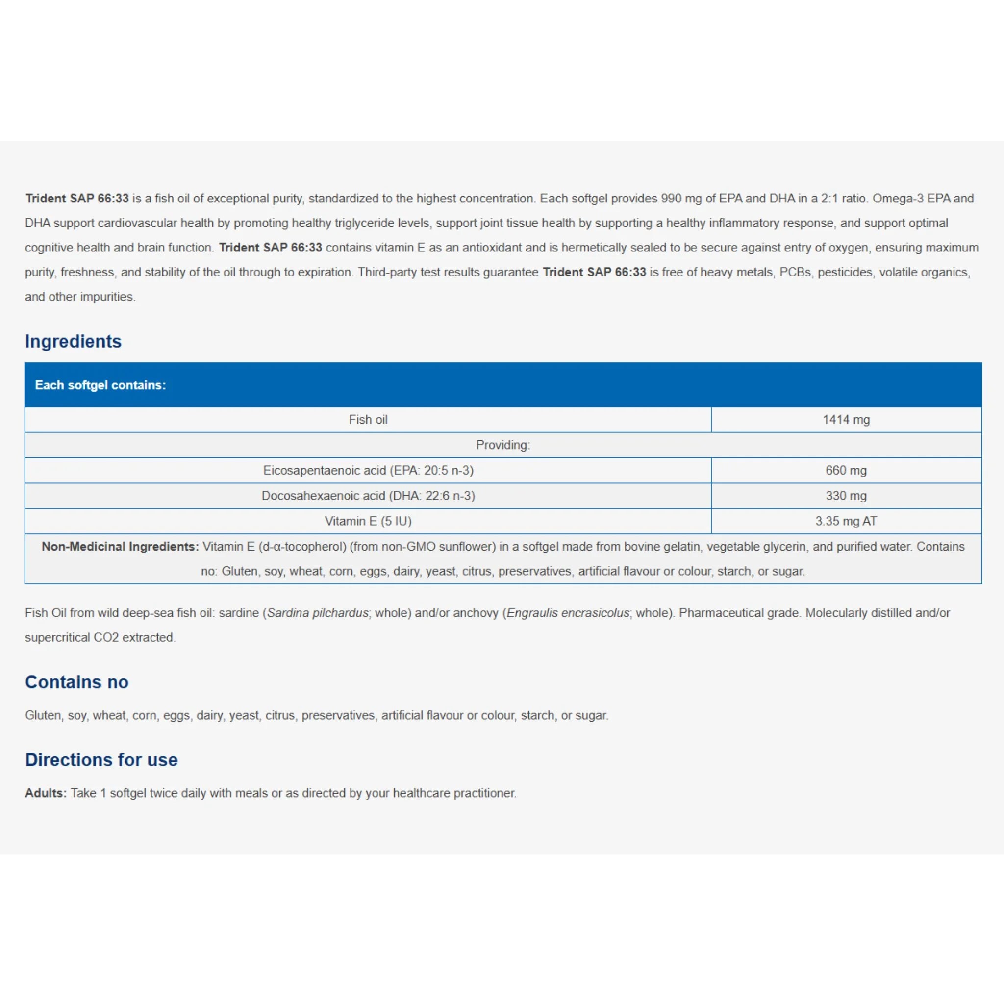 NFH Trident SAP 66:33 (Omega - 3) Natural Lemon Flavour (660 mg EPA 330 mg DHA/softgel) 120 Softgels - Nature's Source Inc