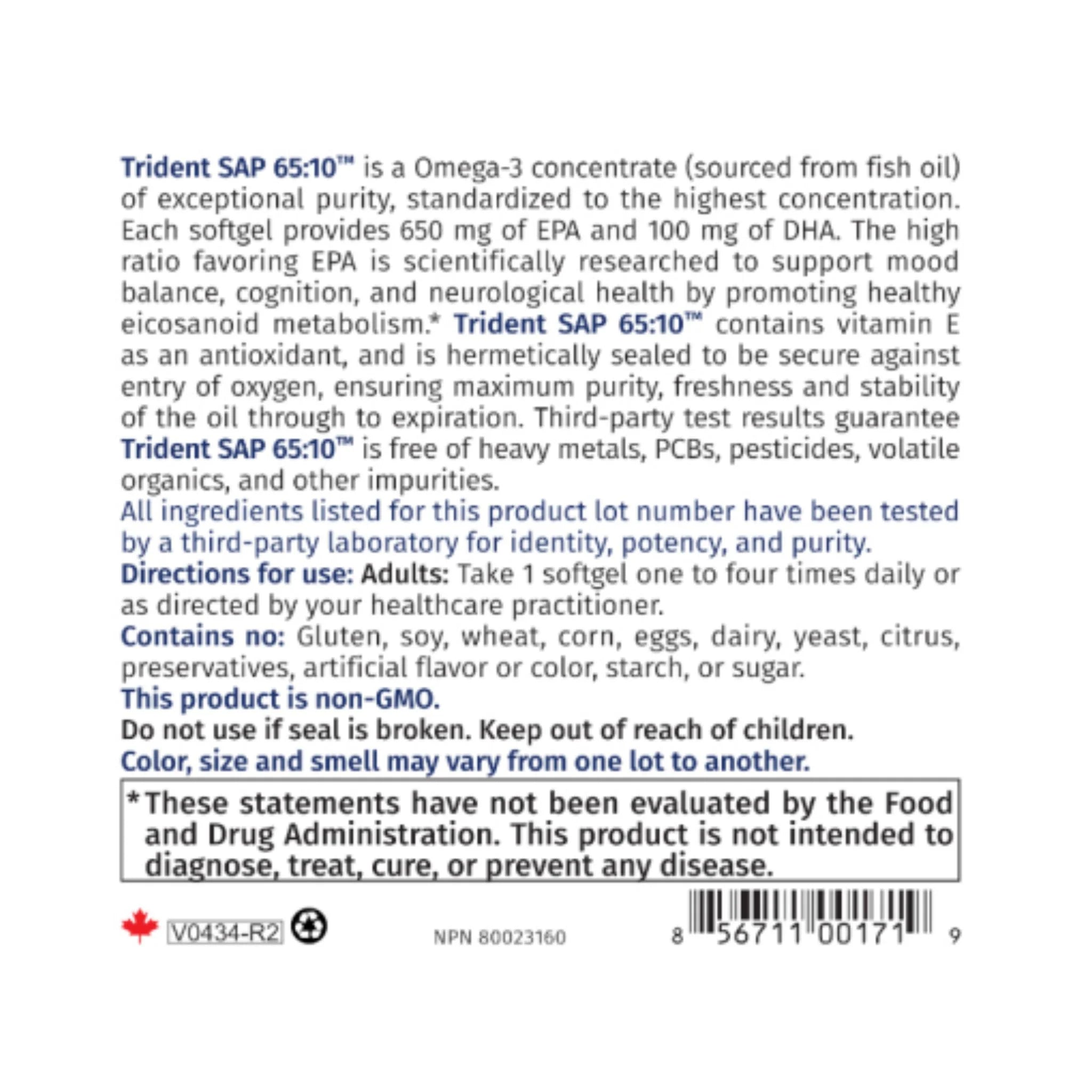 NFH Trident SAP 65:10 (Omega - 3) (650 mg EPA 100 mg DHA/softgel) 120 softgels - Nature's Source Inc