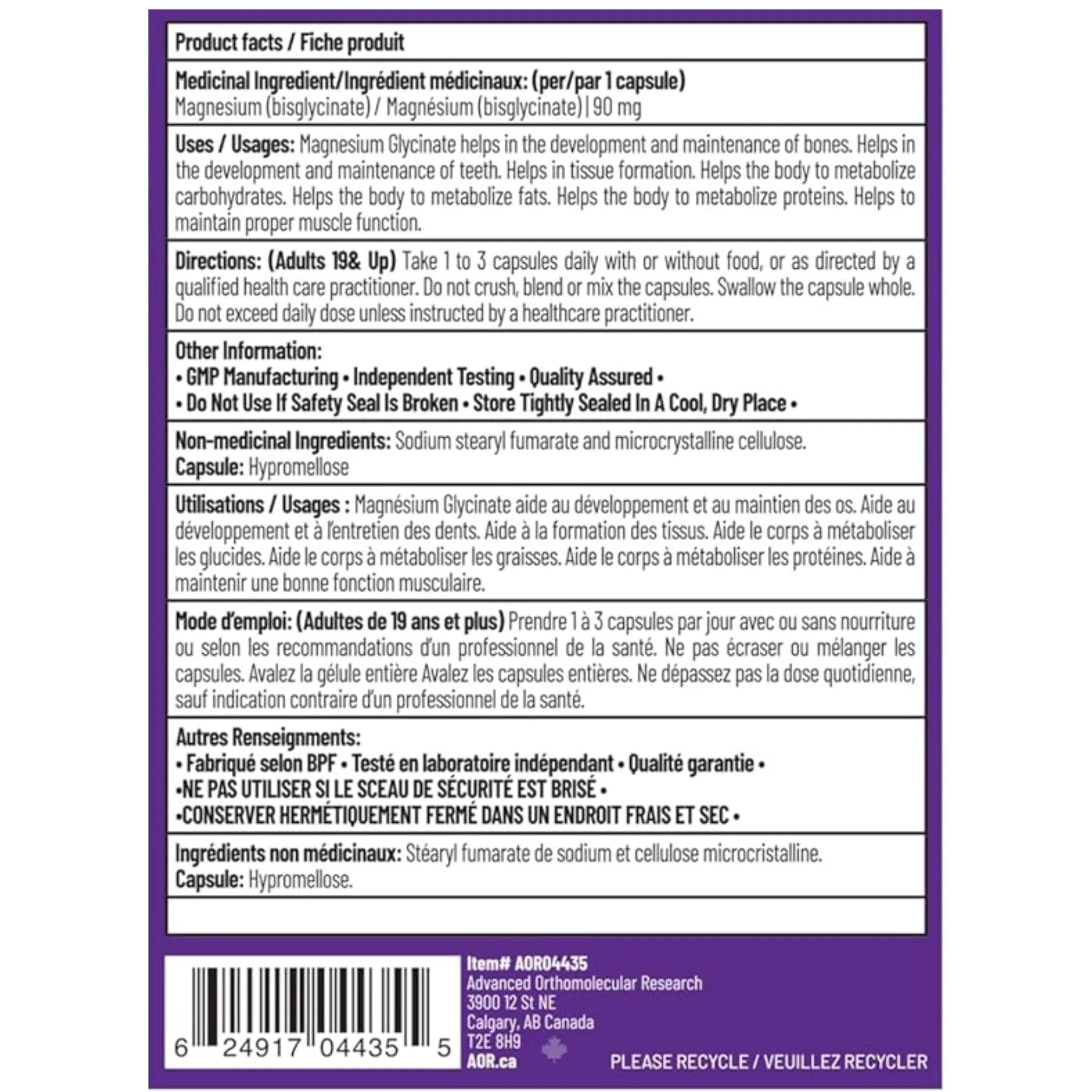 AOR Magnesium Glycinate 180 Vegan Capsules - Nature's Source Inc