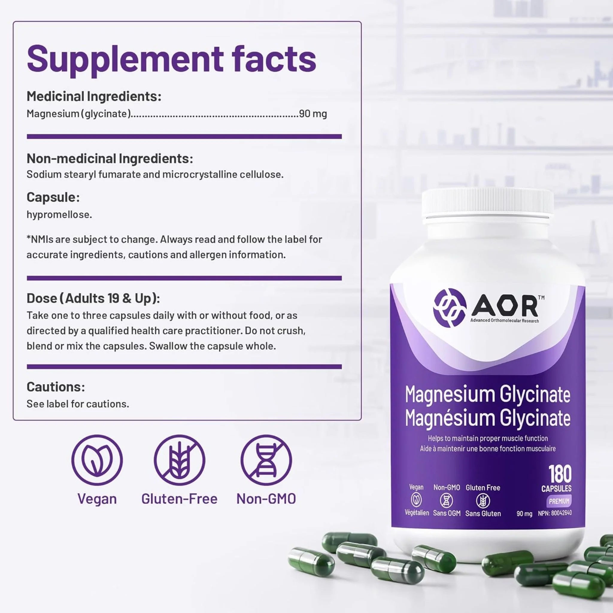 AOR Magnesium Glycinate 180 Vegan Capsules - Nature's Source Inc