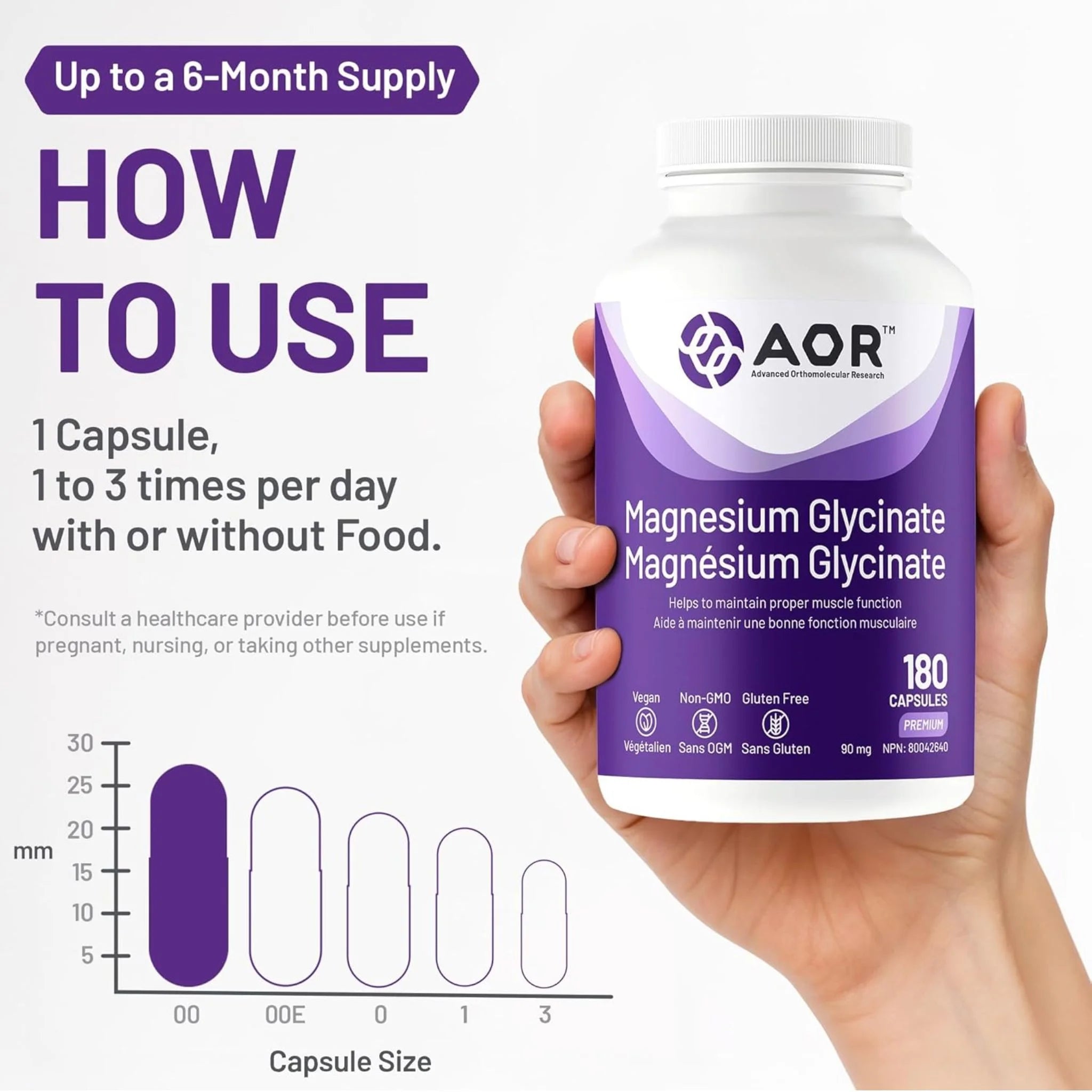 AOR Magnesium Glycinate 180 Vegan Capsules - Nature's Source Inc