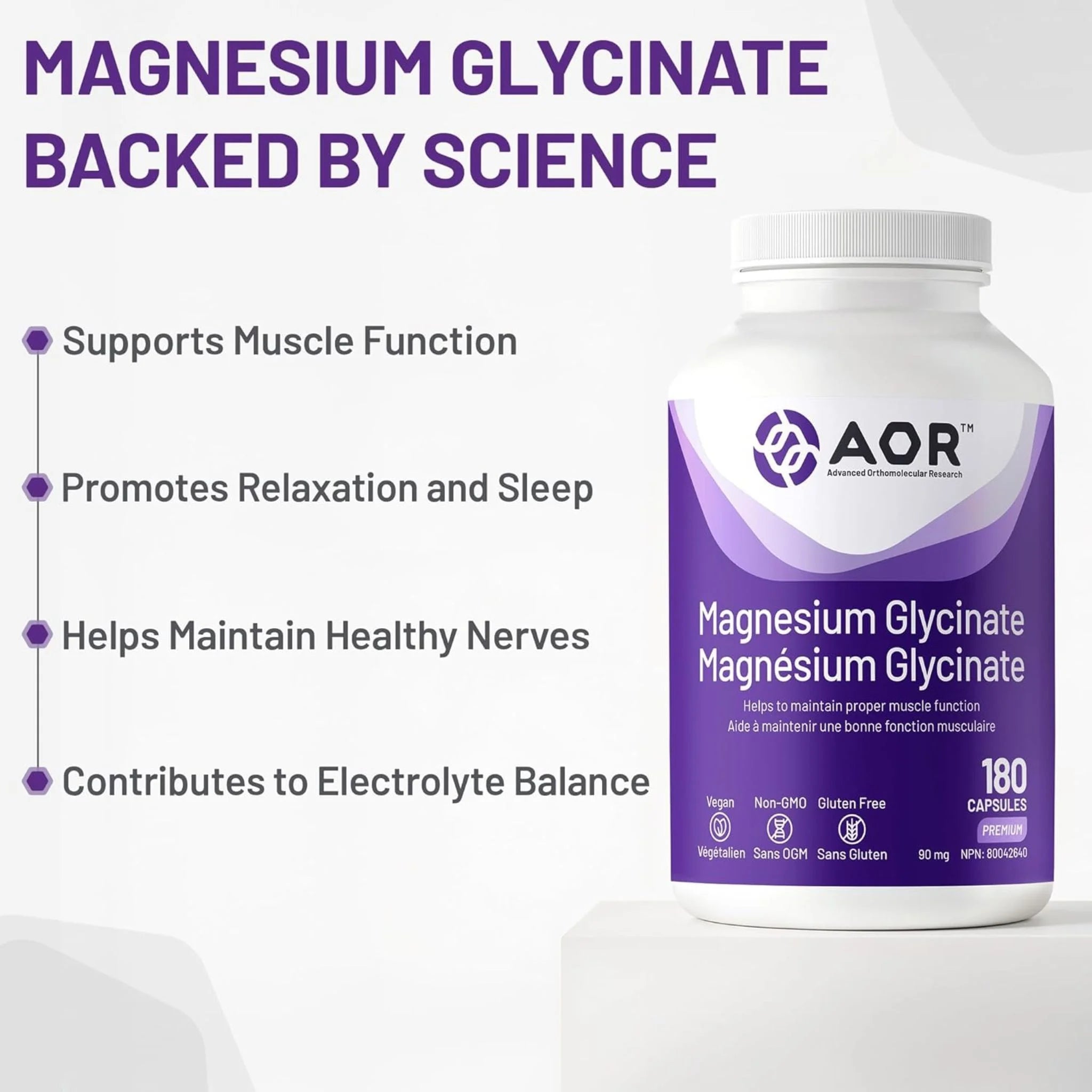 AOR Magnesium Glycinate 180 Vegan Capsules - Nature's Source Inc