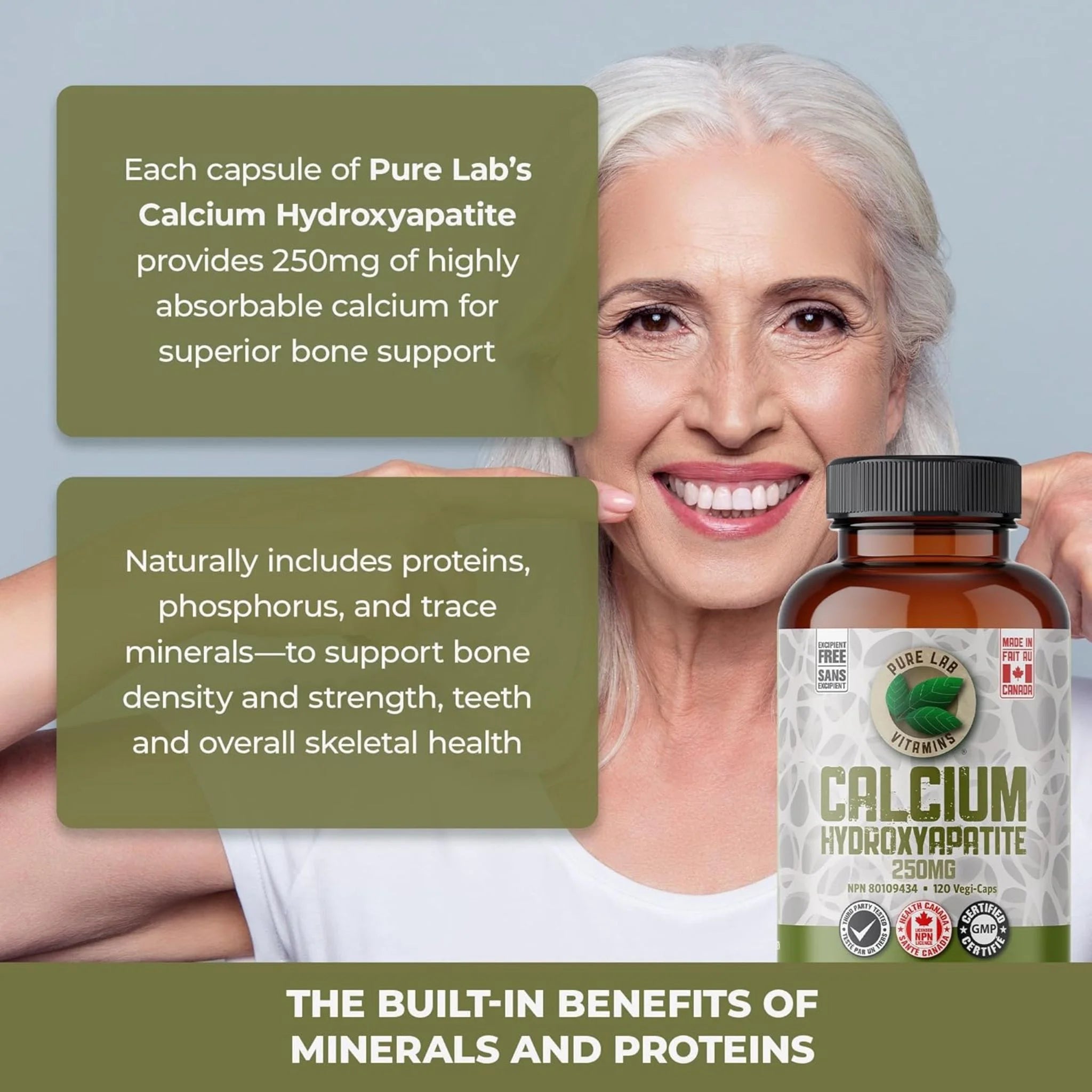 Pure Lab Vitamins Calcium Hydroxyapatite 250mg 120 Vegan Capsules - Nature's Source Inc