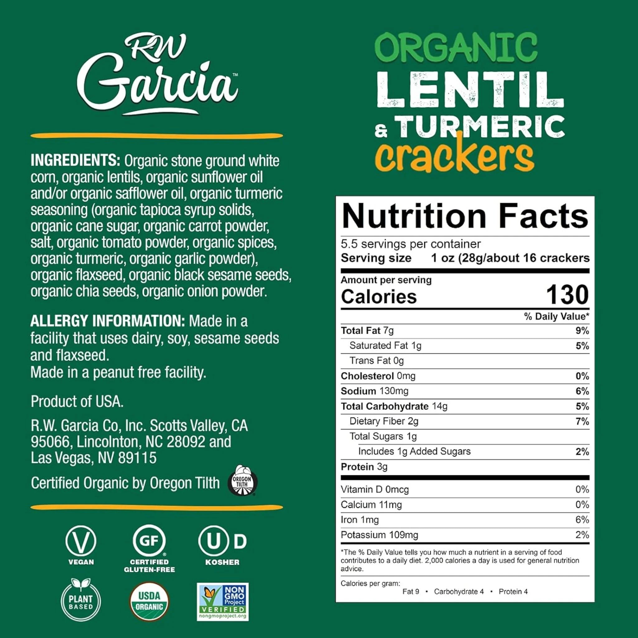 RW Garcia Crackers Lentil & Turmeric 155g - Nature's Source Inc