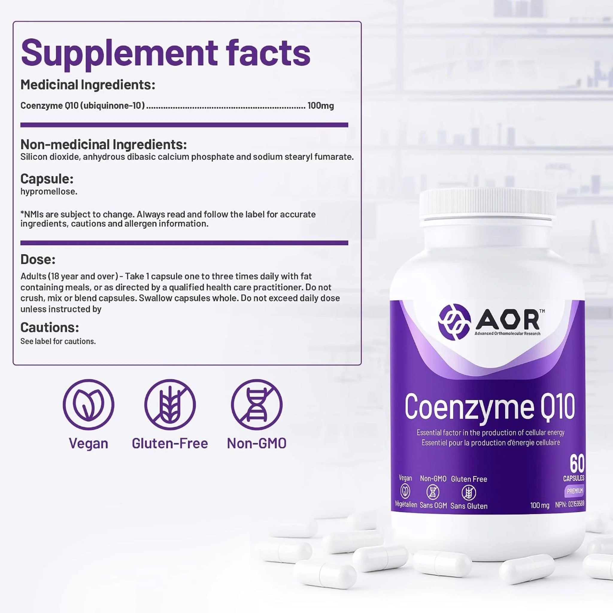 AOR Coenzyme Q10, 100mg, 60 Vegan Capsules - Nature's Source Inc