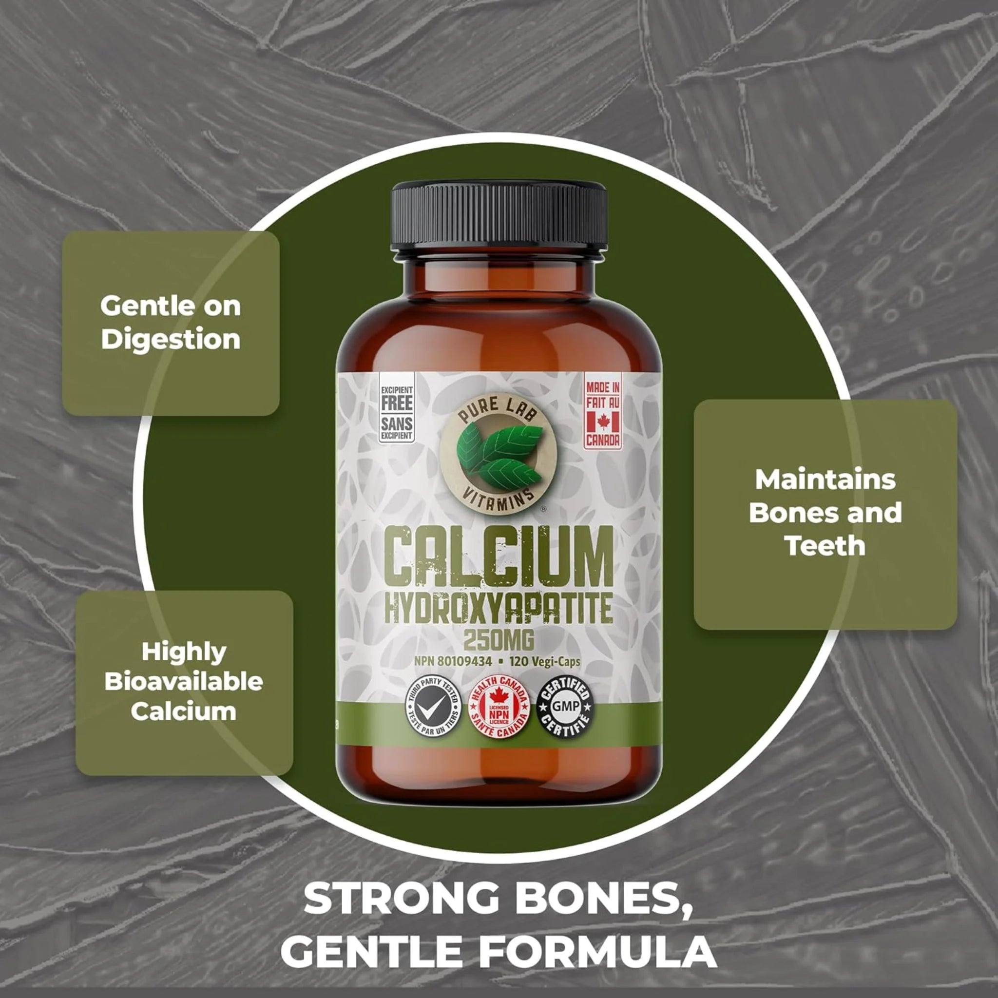 Pure Lab Vitamins Calcium Hydroxyapatite 250mg 120 Vegan Capsules - Nature's Source Inc