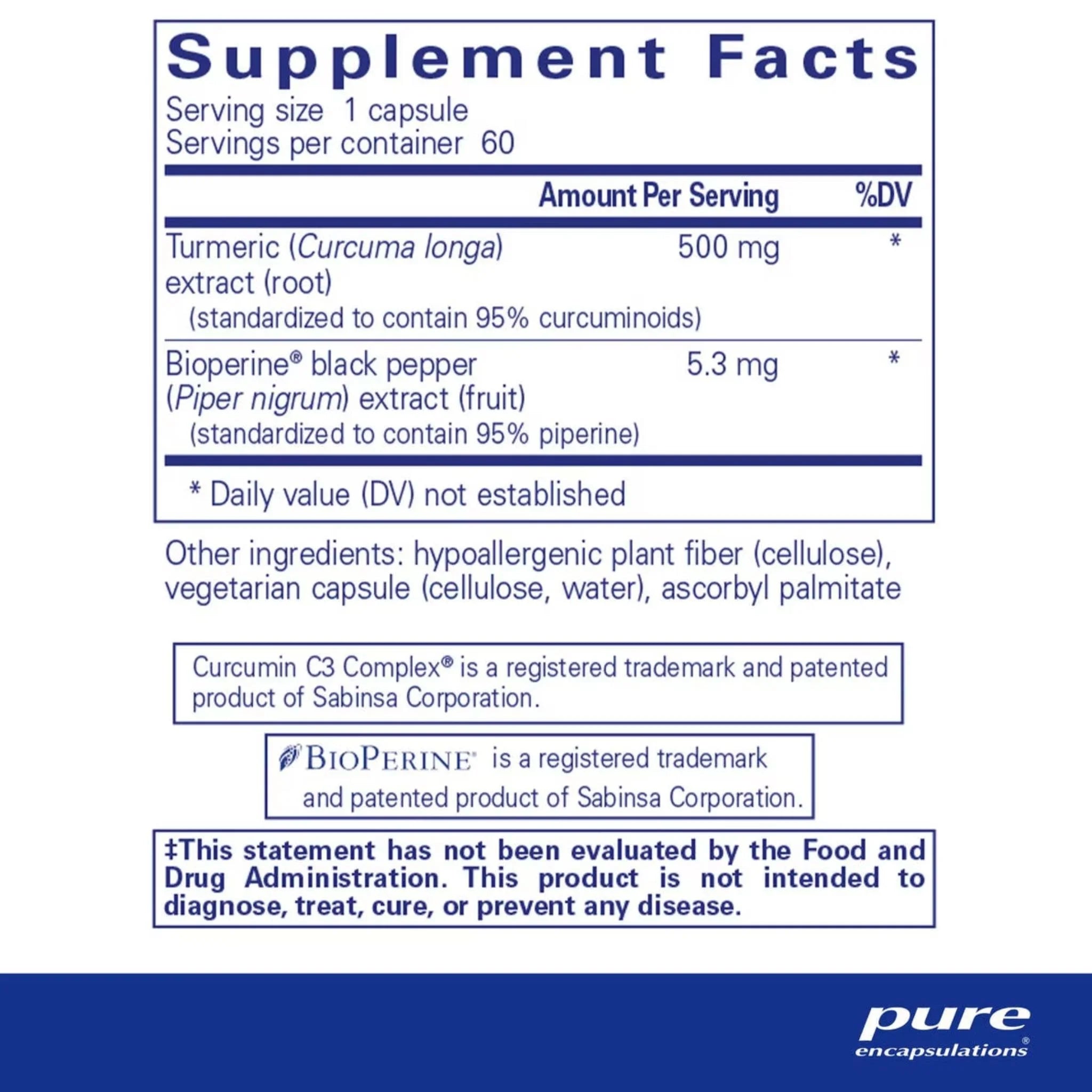 Pure Encapsulations Curcumin 500 With Bioperine 60 Capsules - Nature's Source Inc