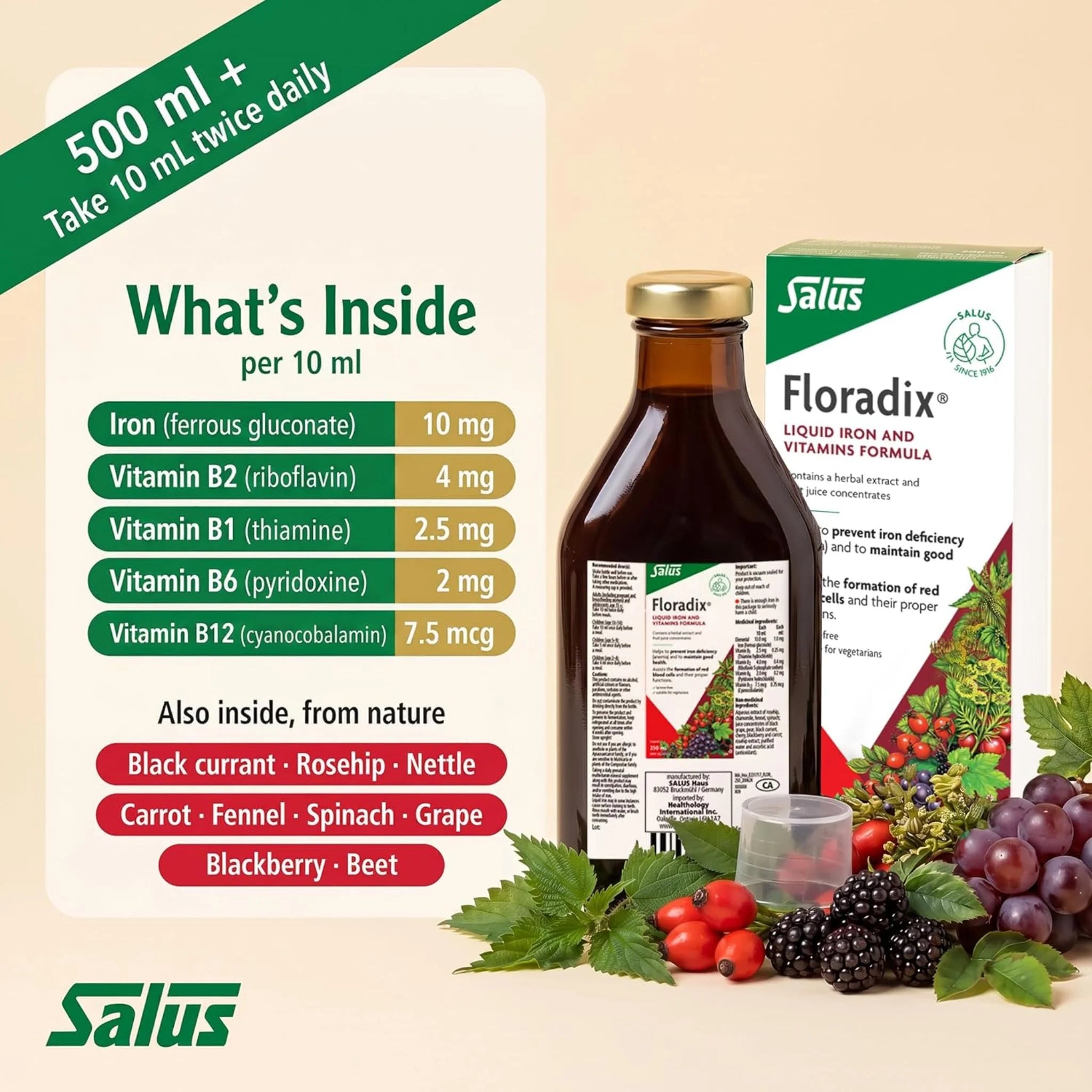 Salus Floradix Liquid Iron and Vitamins Formula 500 ml