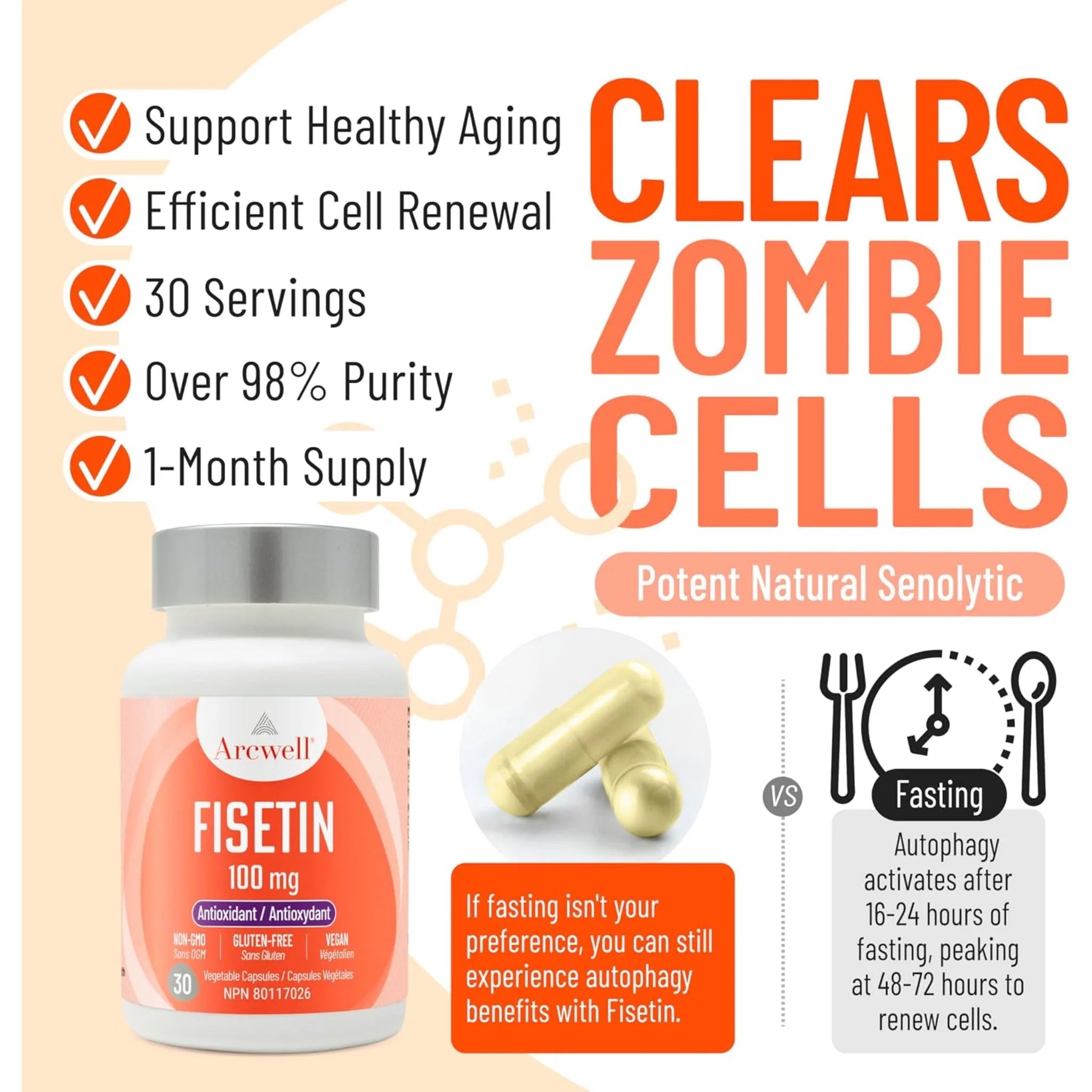 Arcwell Fisetin 100mg 30 Vegetable Capsules - Nature's Source Inc