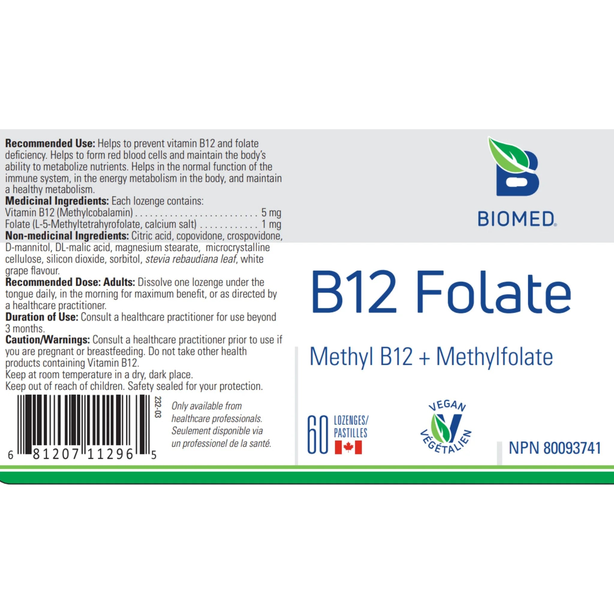 Biomed B12 Folate Methyl B12 + Methylfolate 60 Lozenges - Nature's Source Inc