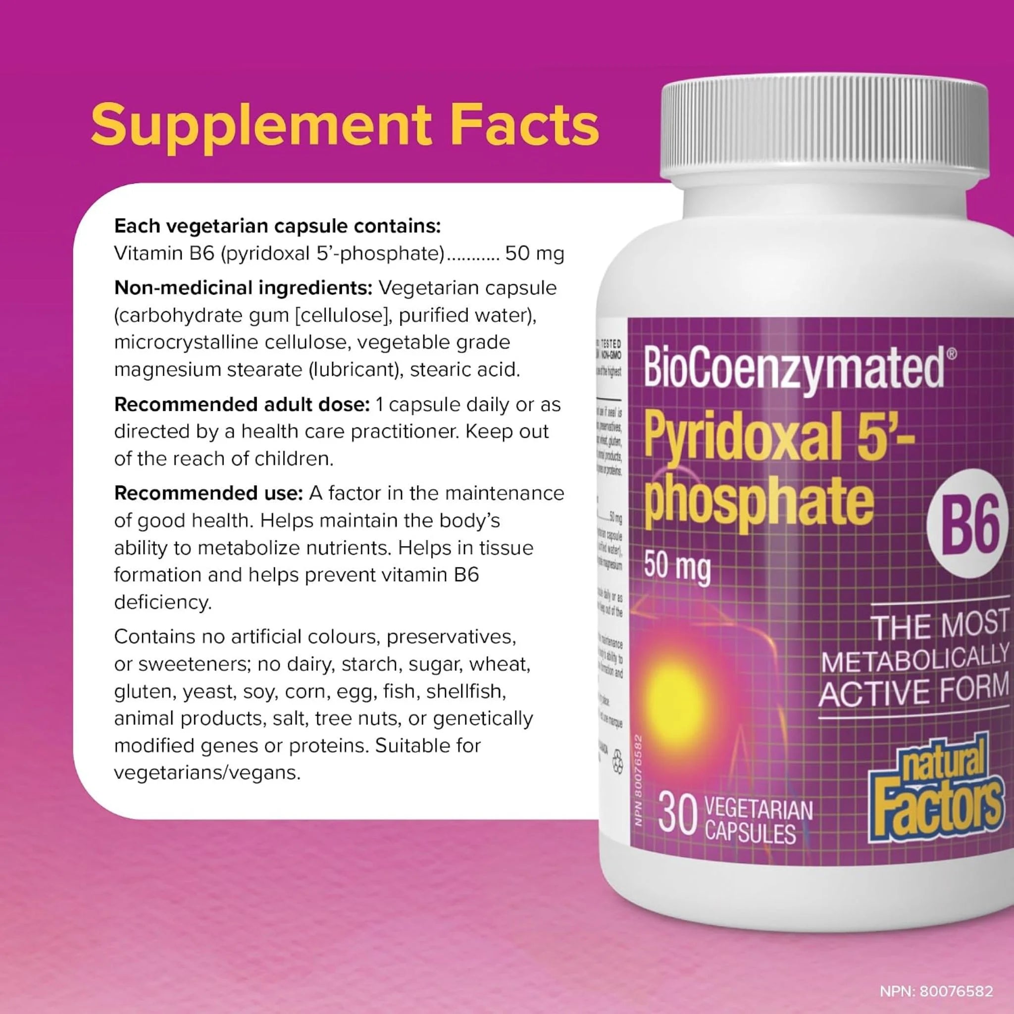 Natural Factors BioCoenzymated Pyridoxal 5 Phosphate 50 mg 30 vcaps