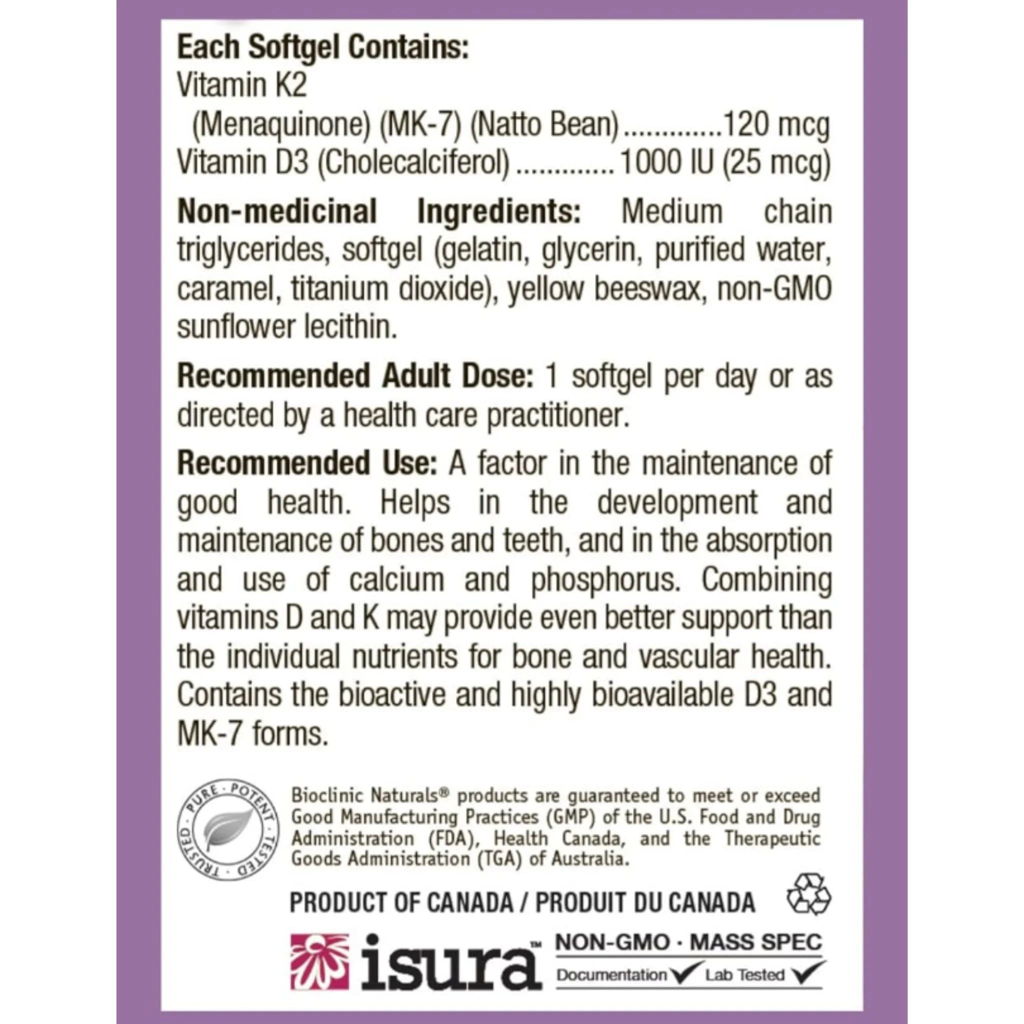 Bioclinic Naturals Vitamin D3 & K2 60 Softgels - Nature's Source Inc