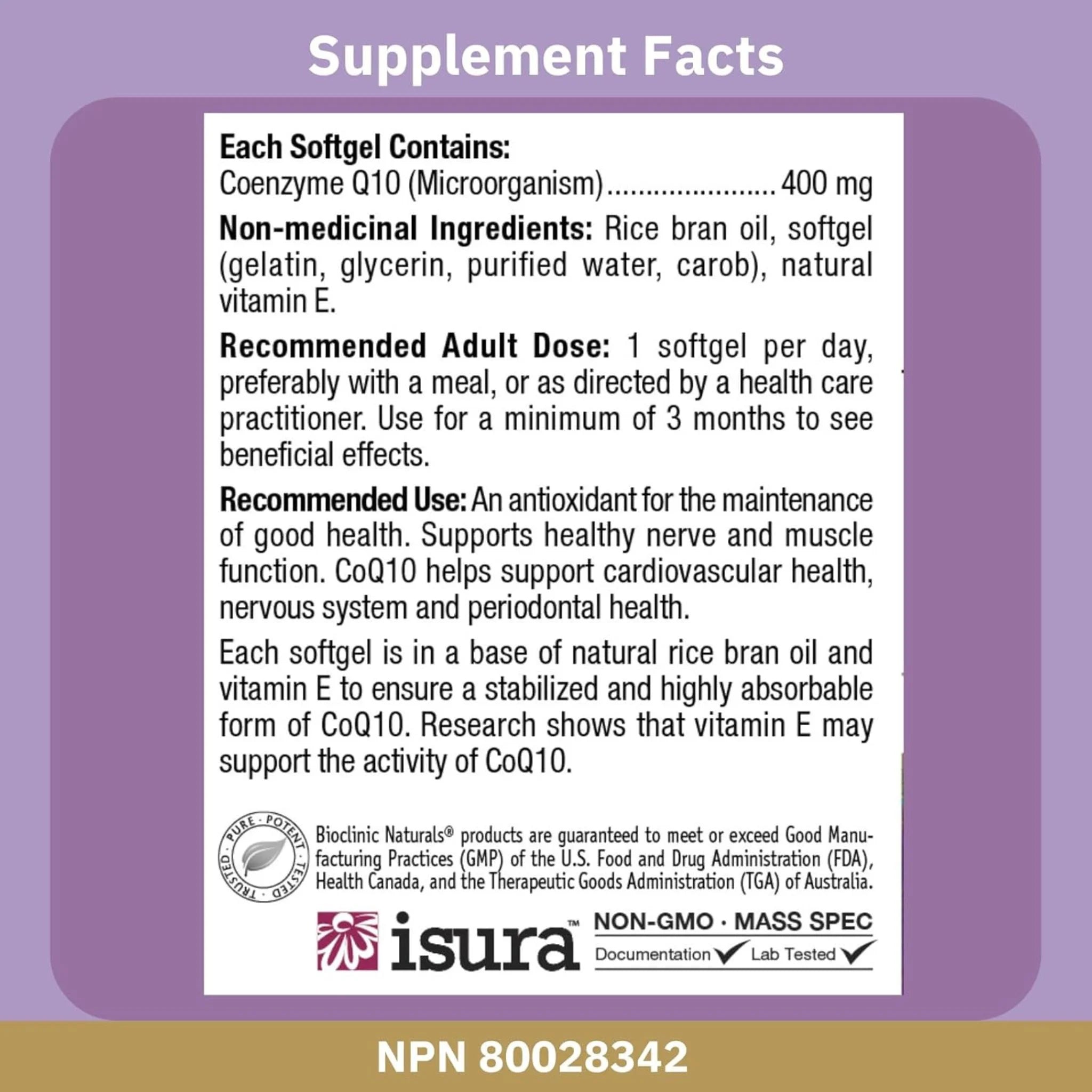 Bioclinic Naturals CoQ10, 400mg 30 Softgels - Nature's Source Inc