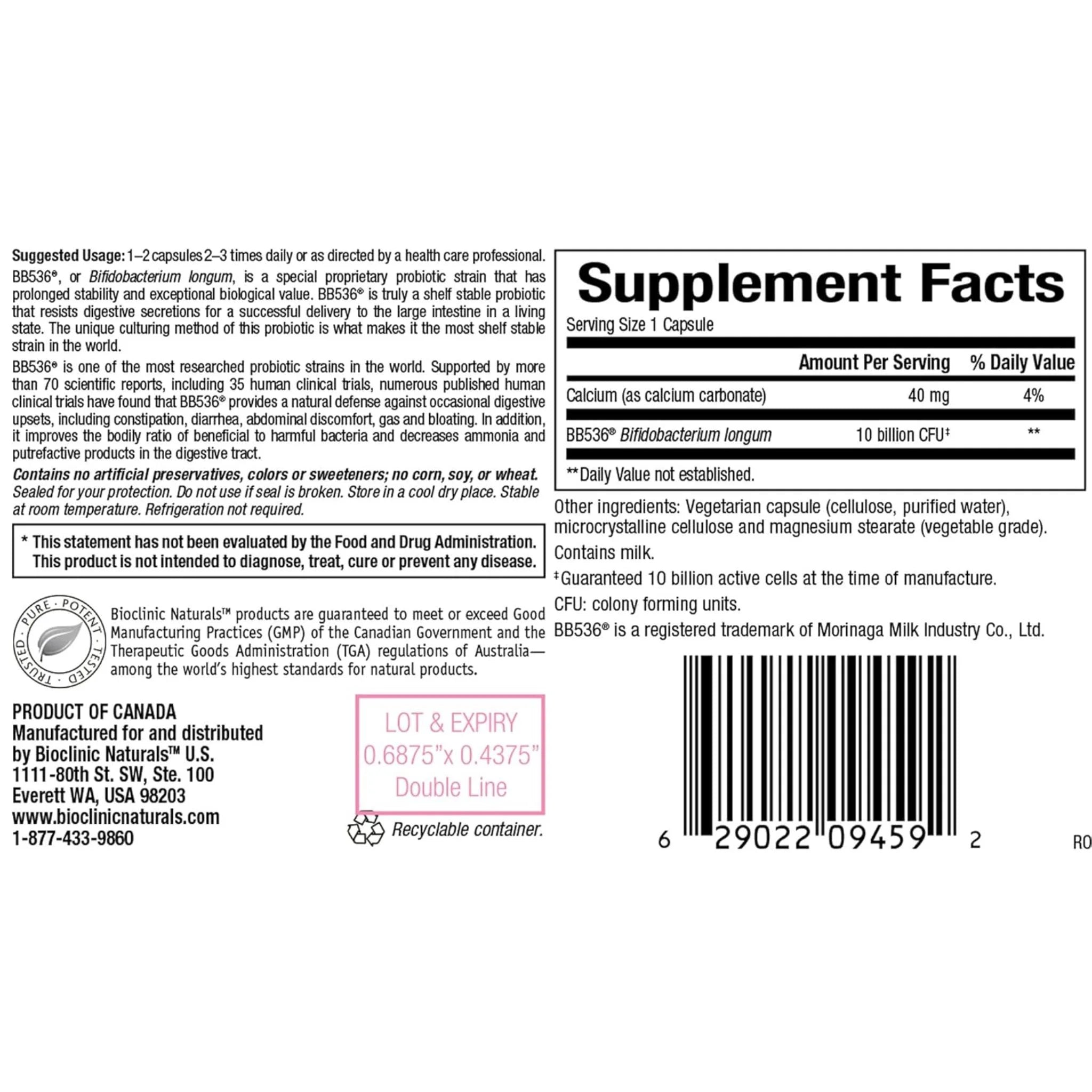 Bioclinic Naturals Probiotic Pro BB536, 60 Vegan Capsules - Nature's Source Inc