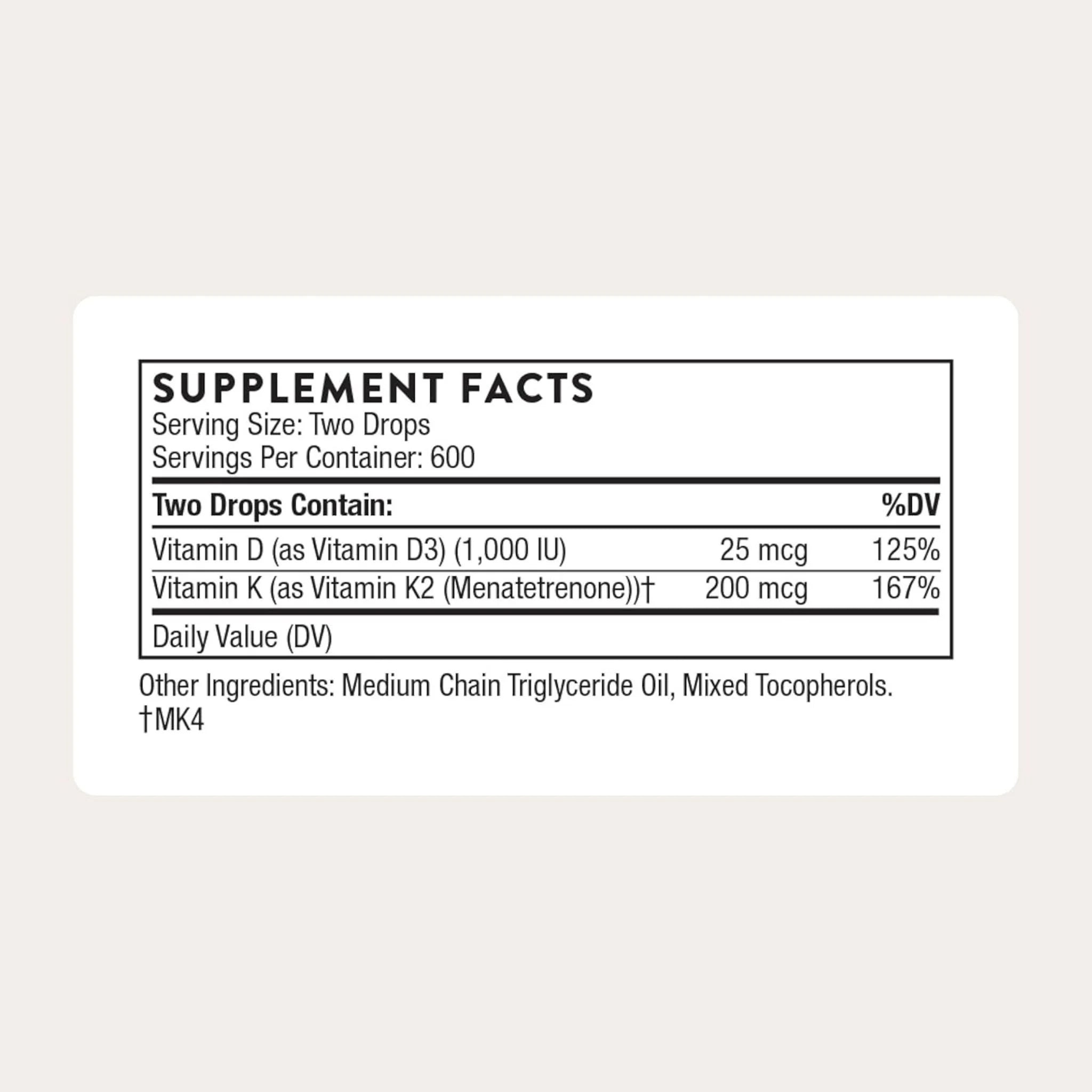Thorne Vitamin D - K2 Liquid 30ml 1 fl oz - Nature's Source Inc