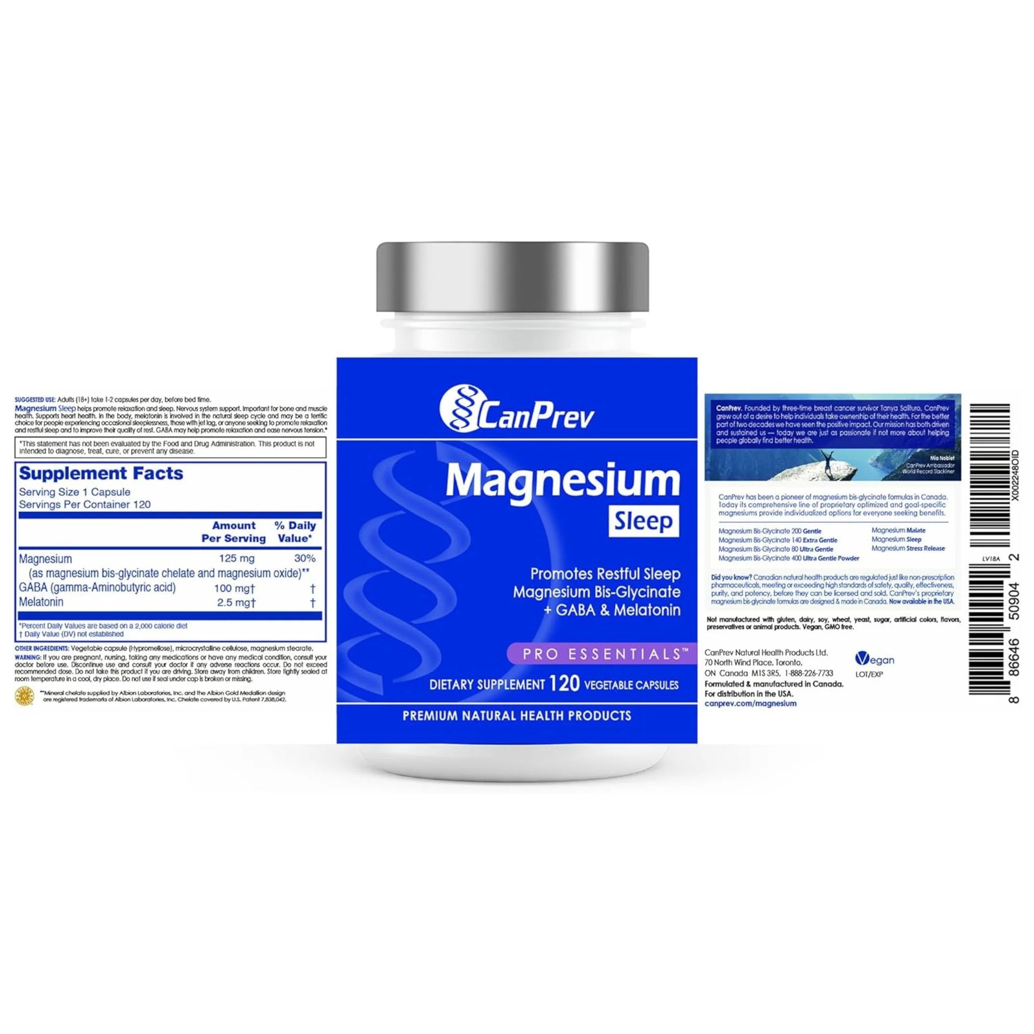 CanPrev Magnesium + GABA and Melatonin for Sleep, 120 Vegan Capsules - Nature's Source Inc