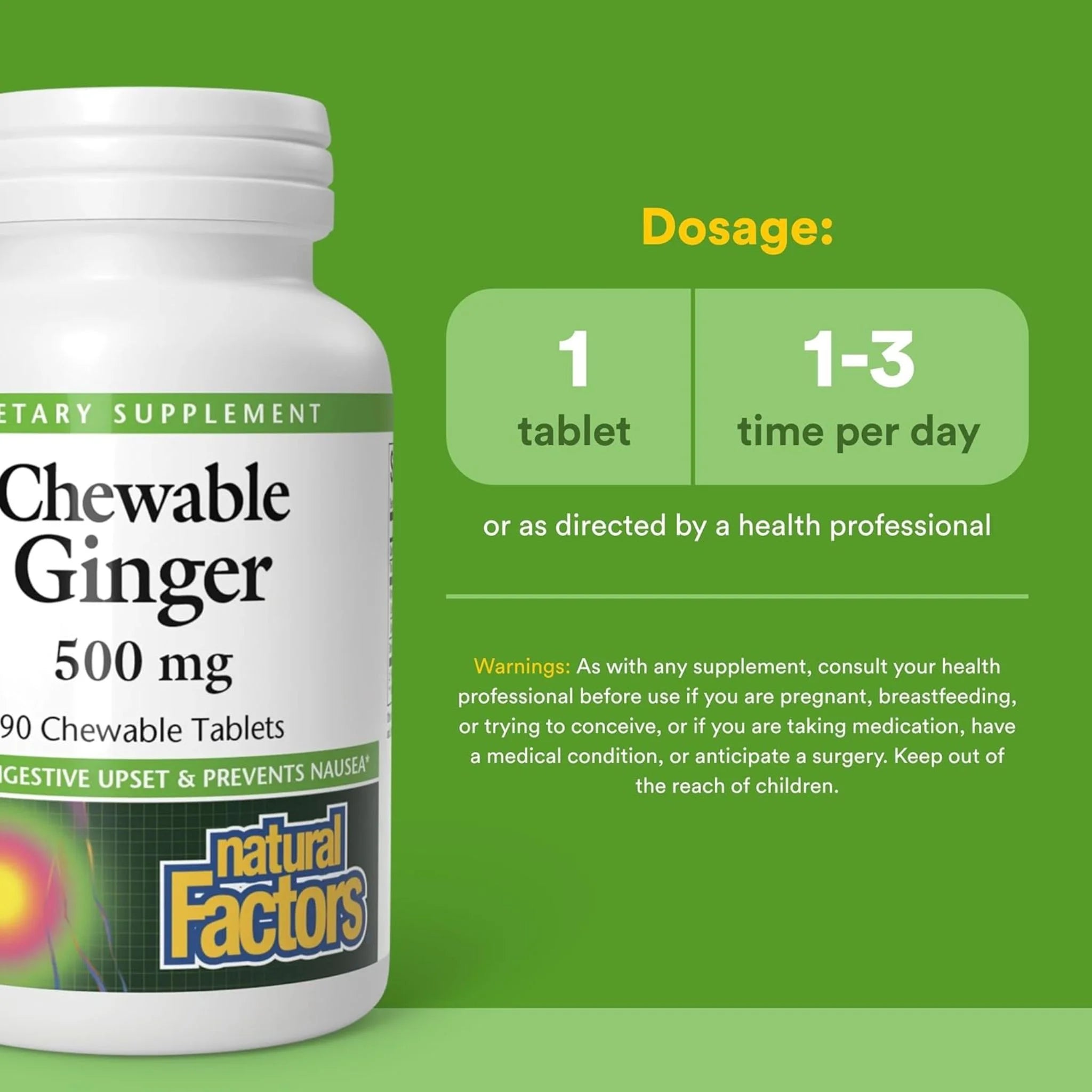 Natural Factors Chewable Ginger 500mg, 90 Chewable Tablets
