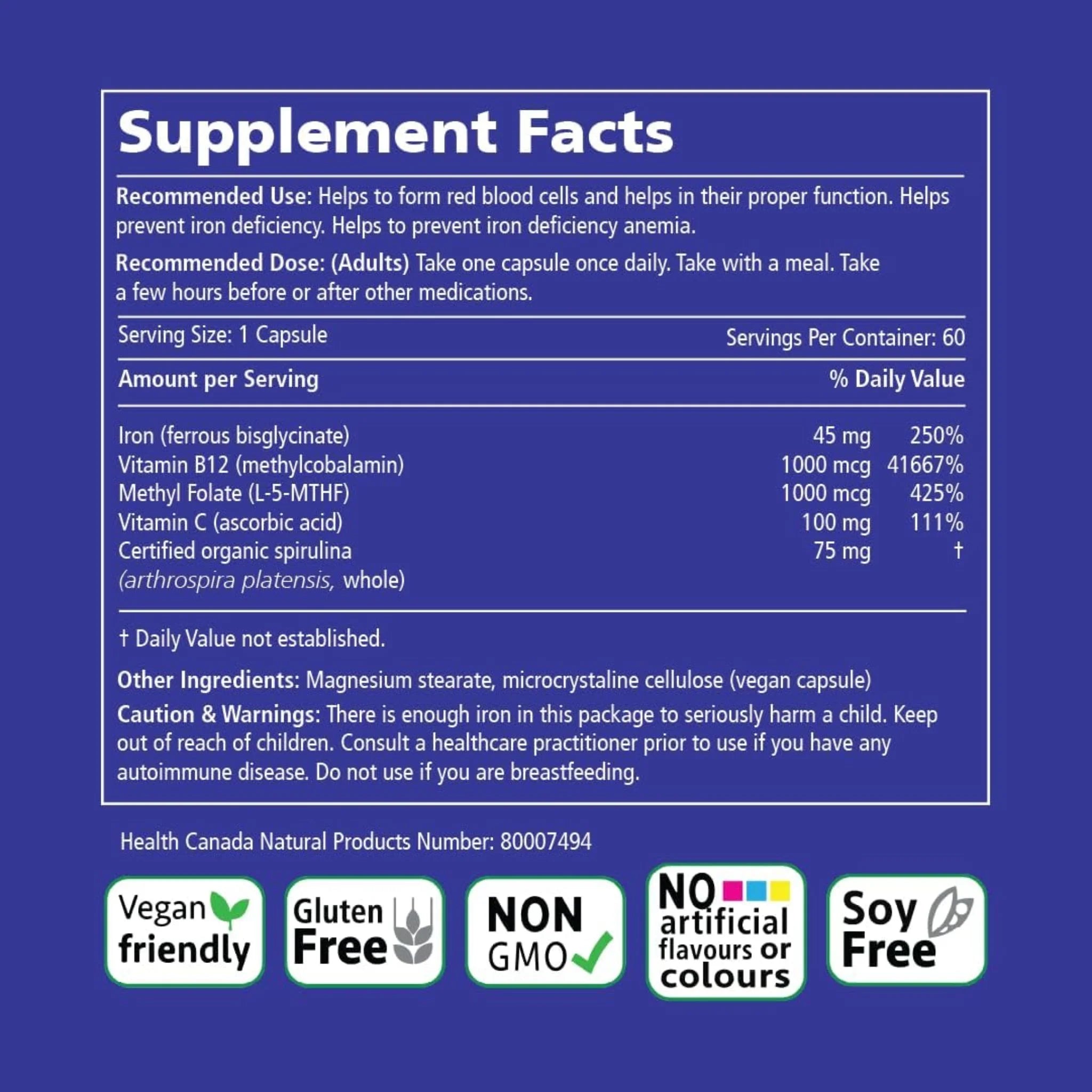Vitality Power Iron + Organic Spirulina 60 Capsules