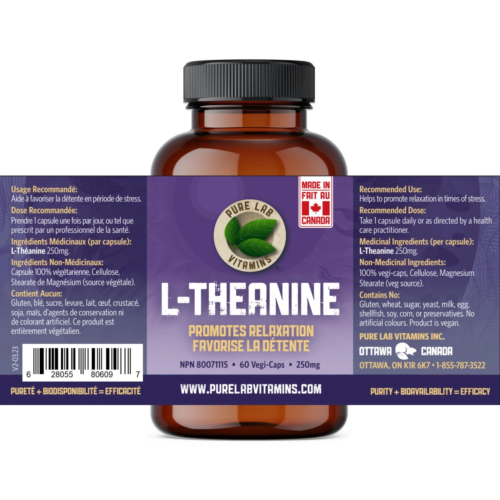 Pure Lab Vitamins L-Theanine 250mg, 60 Vegan Capsules