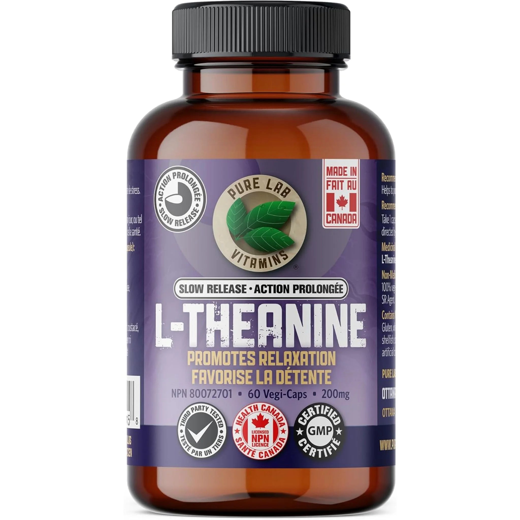 Pure Lab Vitamins L-Theanine Slow Release 200mg, 60 Vegetable Capsules - Nature's Source Inc