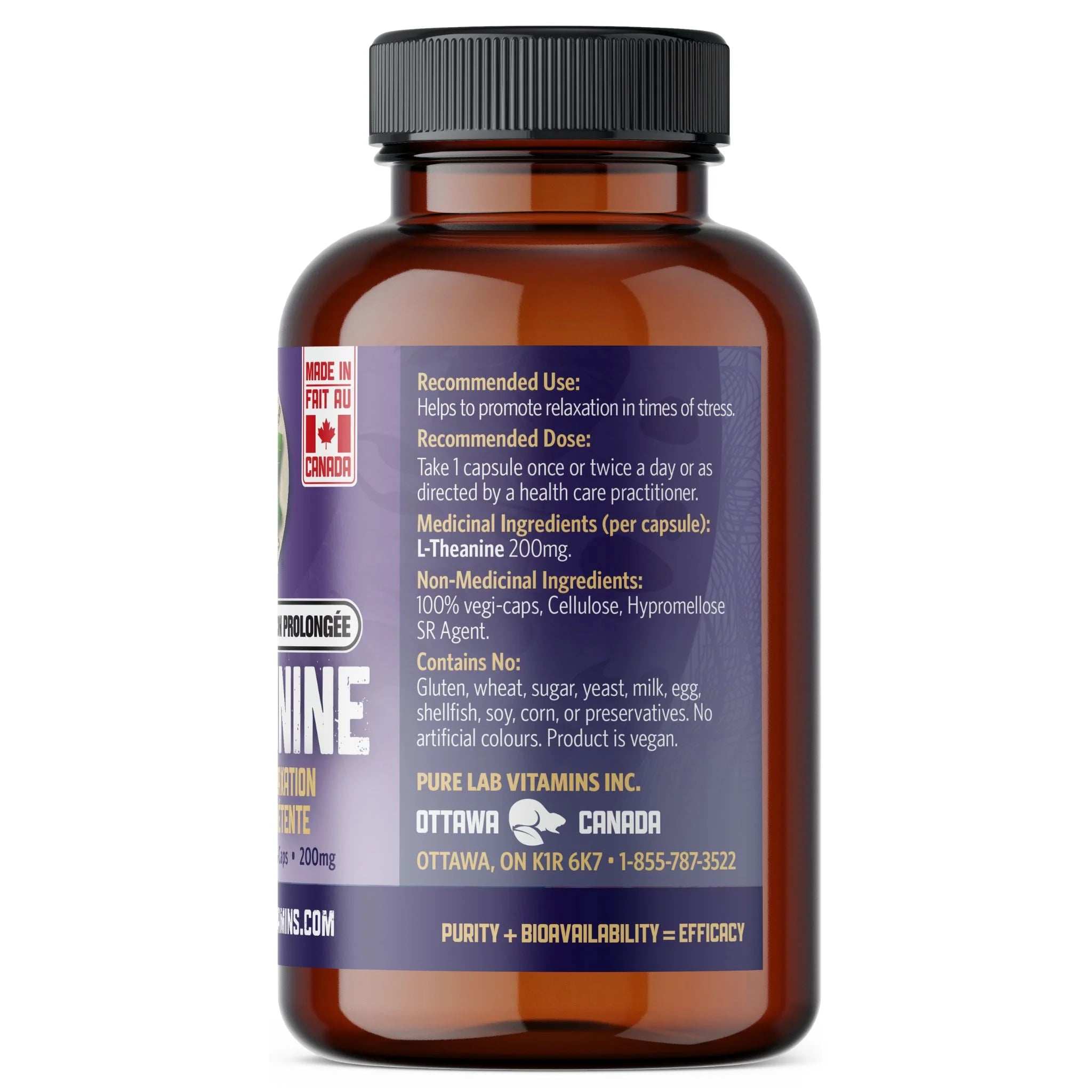 Pure Lab Vitamins L-Theanine Slow Release 200mg, 60 Vegetable Capsules - Nature's Source Inc
