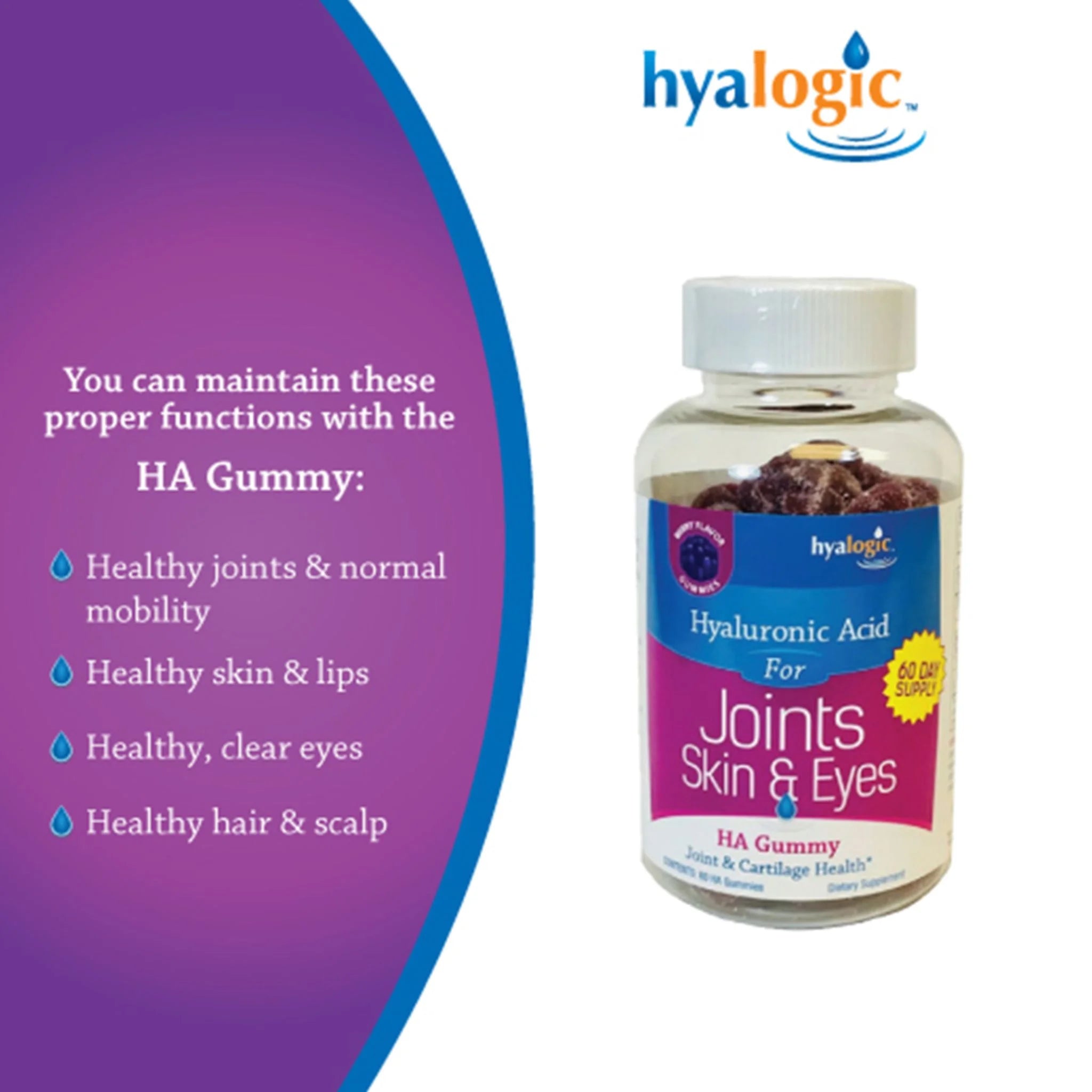 Hyalogic Hyaluronic Acid For Joints Skin & Eyes Berry 60 Gummies