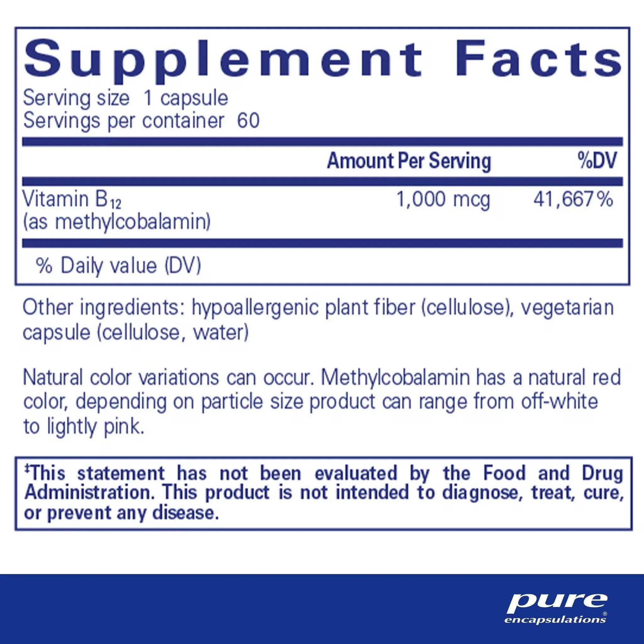 Pure Encapsulations Methylcobalamin 1000mcg 60 Vegetable Capsules