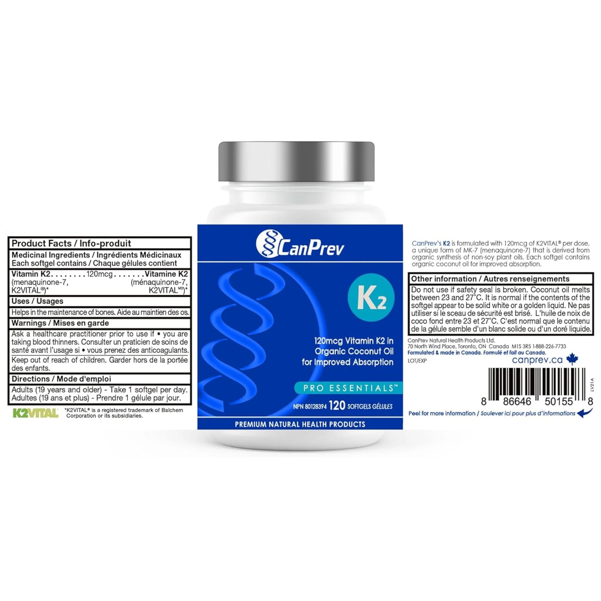 CanPrev K2 120mcg Organic Coconut Oil - 120 Softgels - Nature's Source Inc