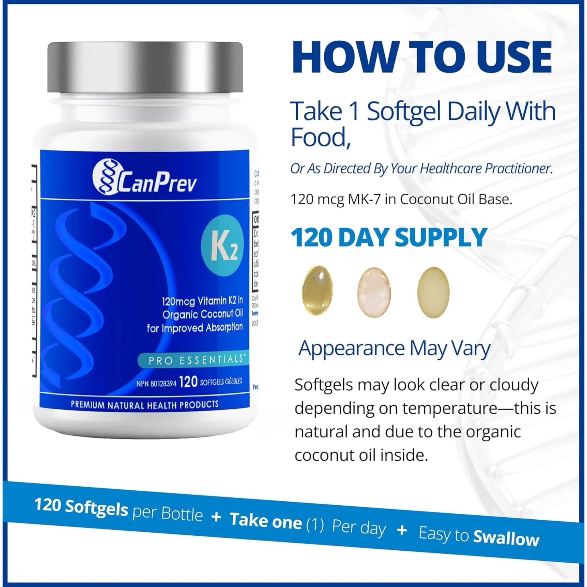 CanPrev K2 120mcg Organic Coconut Oil - 120 Softgels - Nature's Source Inc