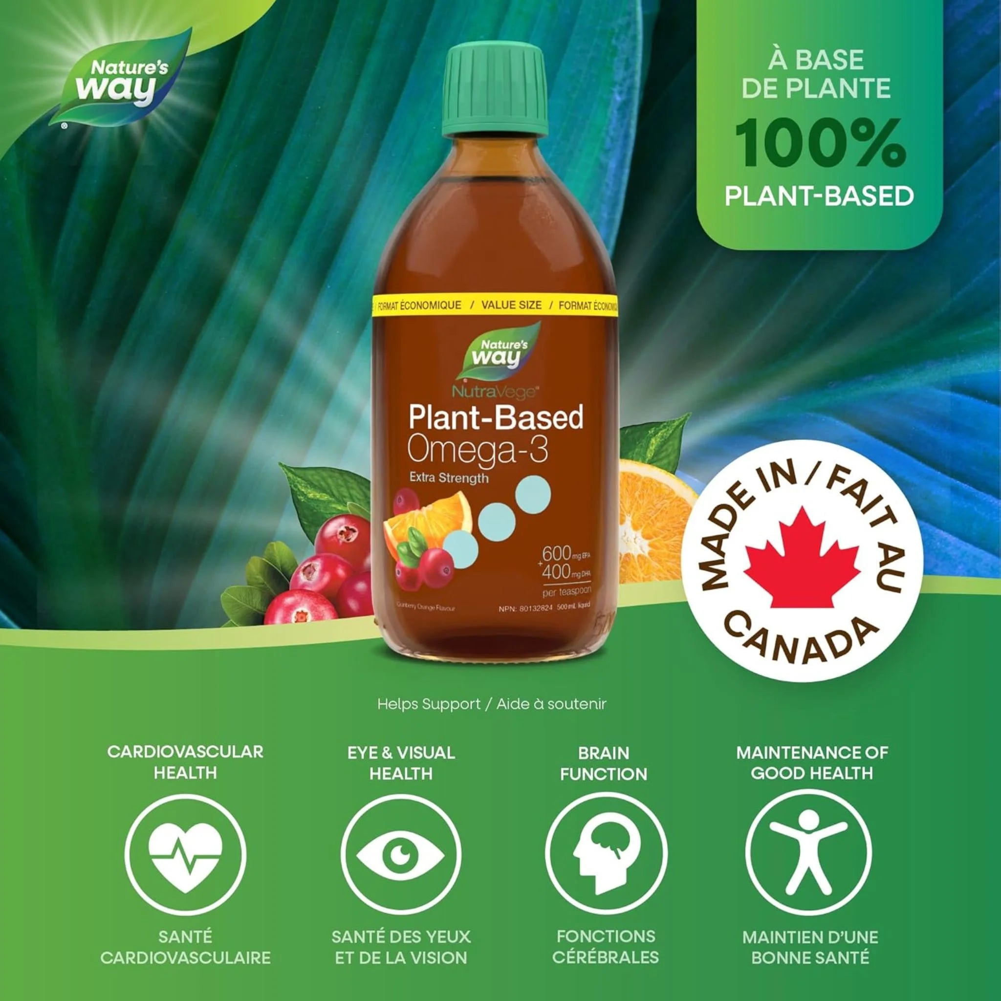 NutraVege Extra Strength Plant Based Omega 3 Cranberry Orange - 500ml - Nature's Source Inc