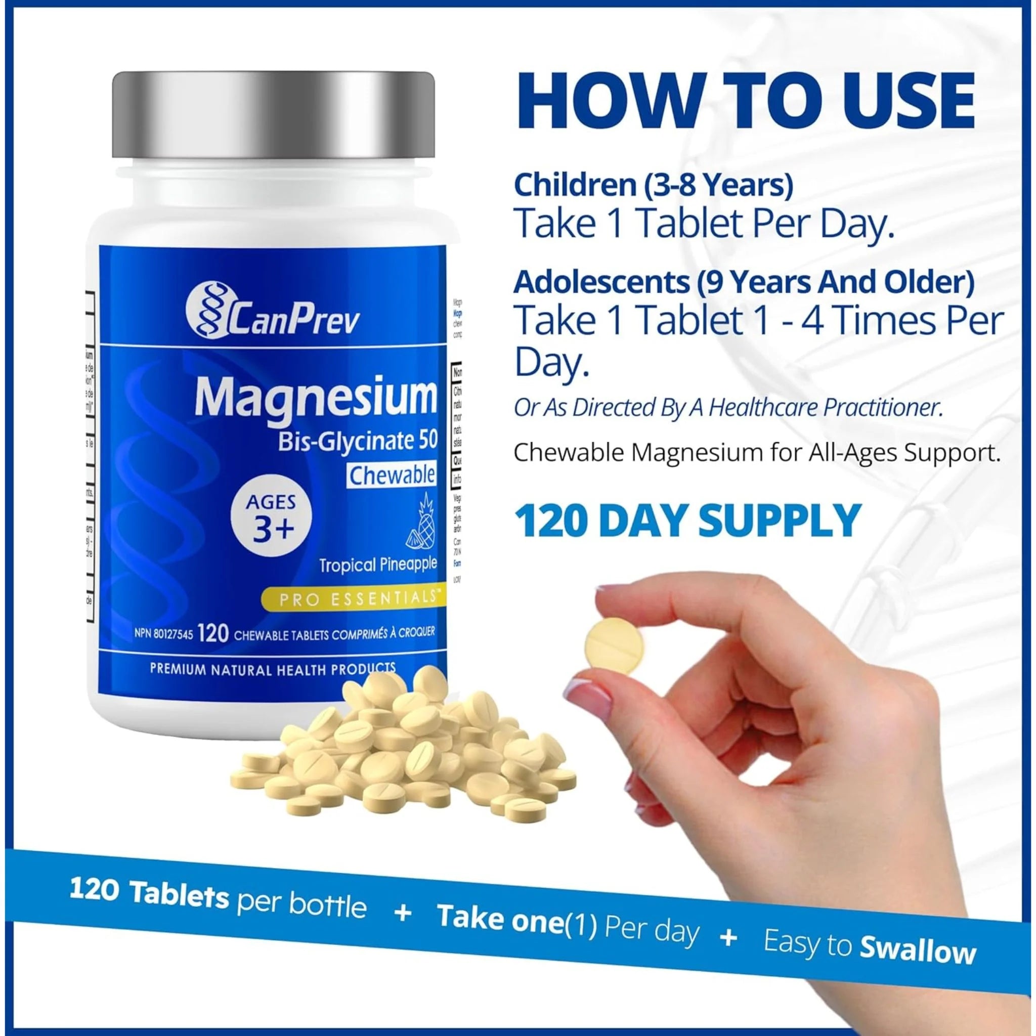 CanPrev Magnesium Bis-Glycinate 50 Tropical Pineapple 120 Chewable Tablets