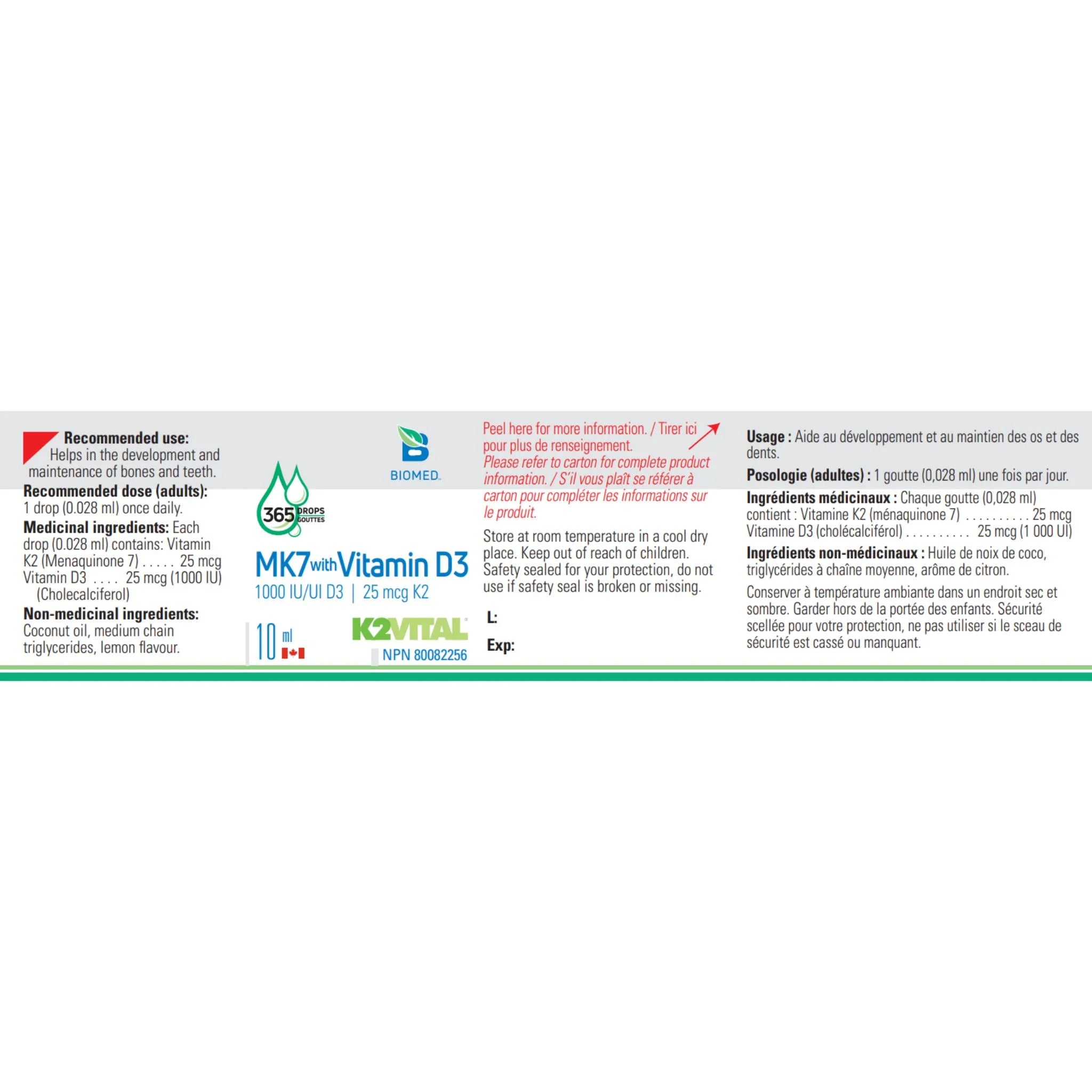 Biomed Mk7 With Vitamin D3 10ml - Maintain Healthy Bones and Teeth, Reducing Risk of Osteoporosis, Enhance Calcium Absorption in Bones - Nature's Source Inc