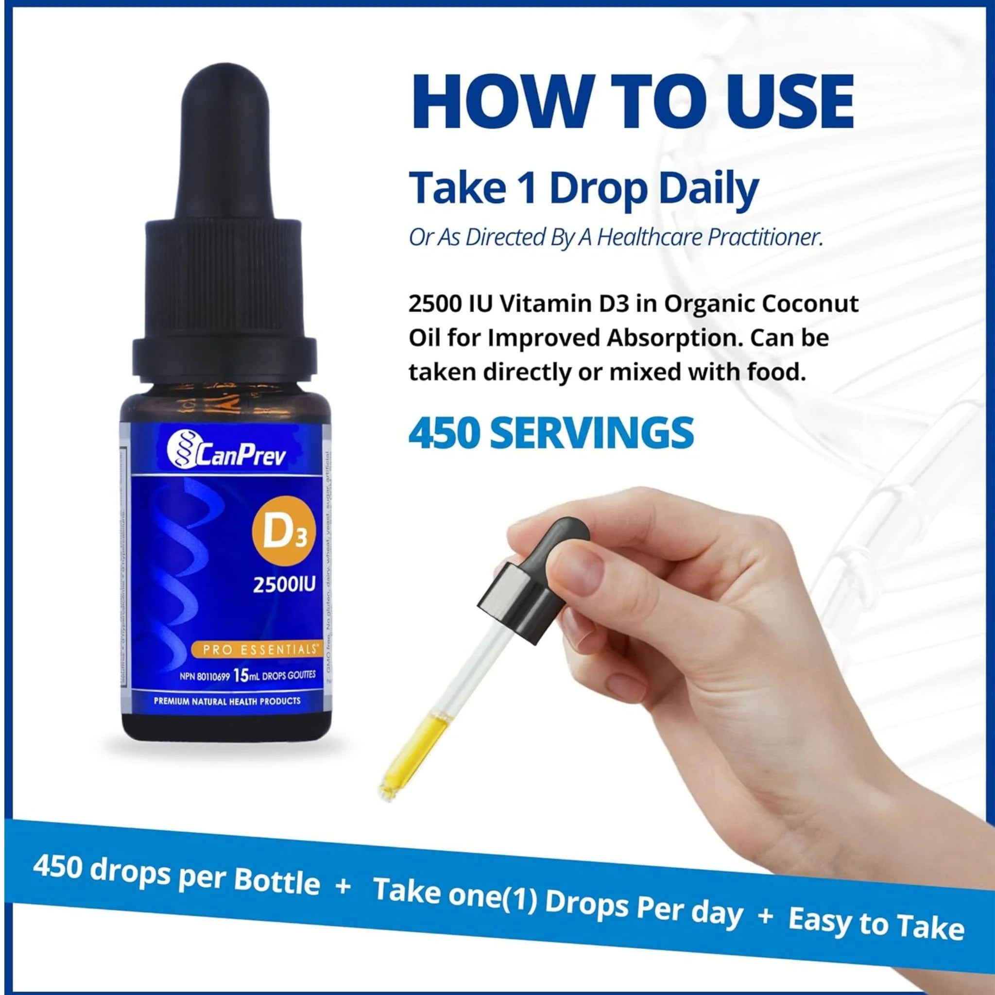 CanPrev Vitamin D3 2500 IU 15ml Liquid Drops - Nature's Source Inc