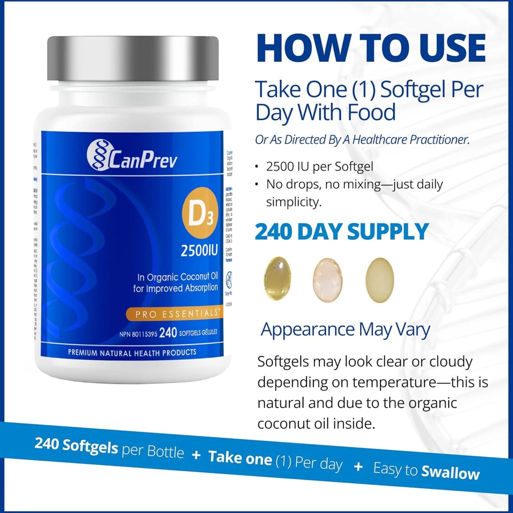 CanPrev Vitamin D3 2500 IU 240 Softgels - Nature's Source Inc