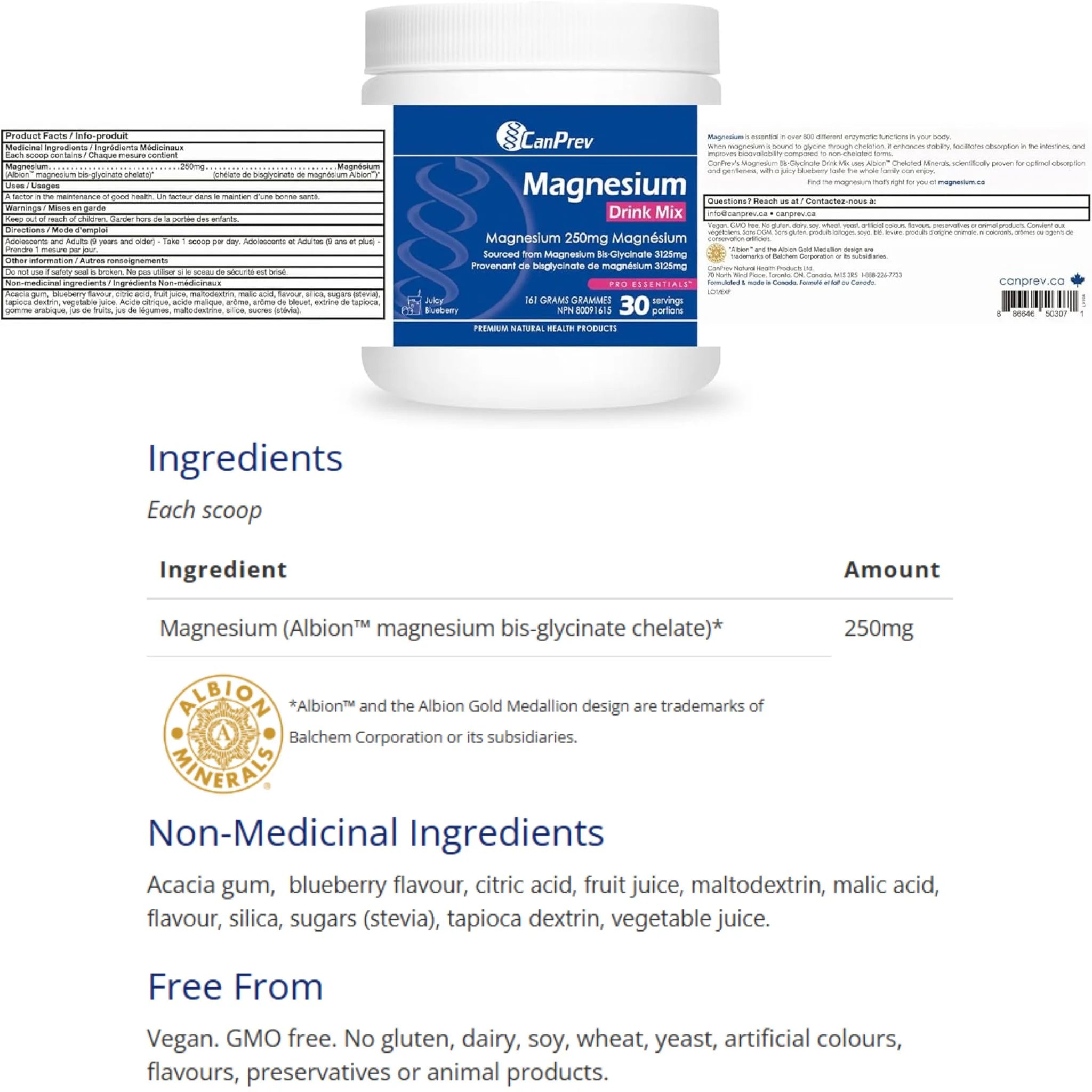 CanPrev Magnesium Bis-Glycinate 250 Juicy Blueberry 161g