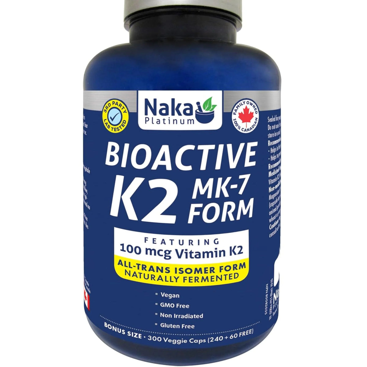 Naka Platinum Vitamin K2 Mk 7 100mcg 300 Vegan Capsules