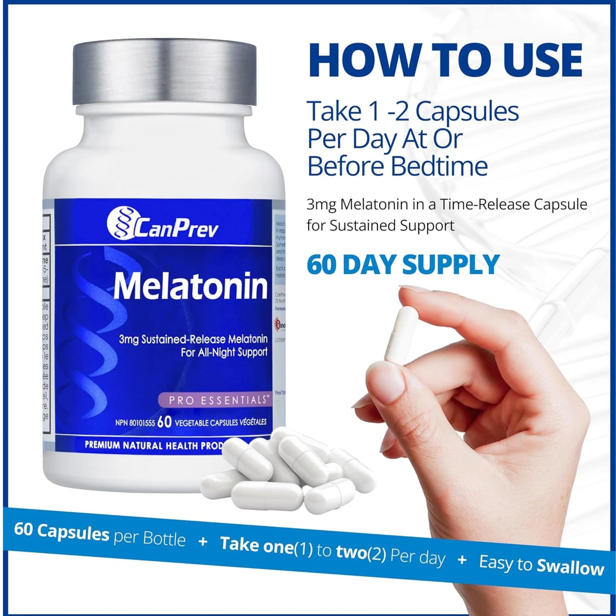 Canprev Melatonin 3mg Sustained-Release 60 Vegan Capsules