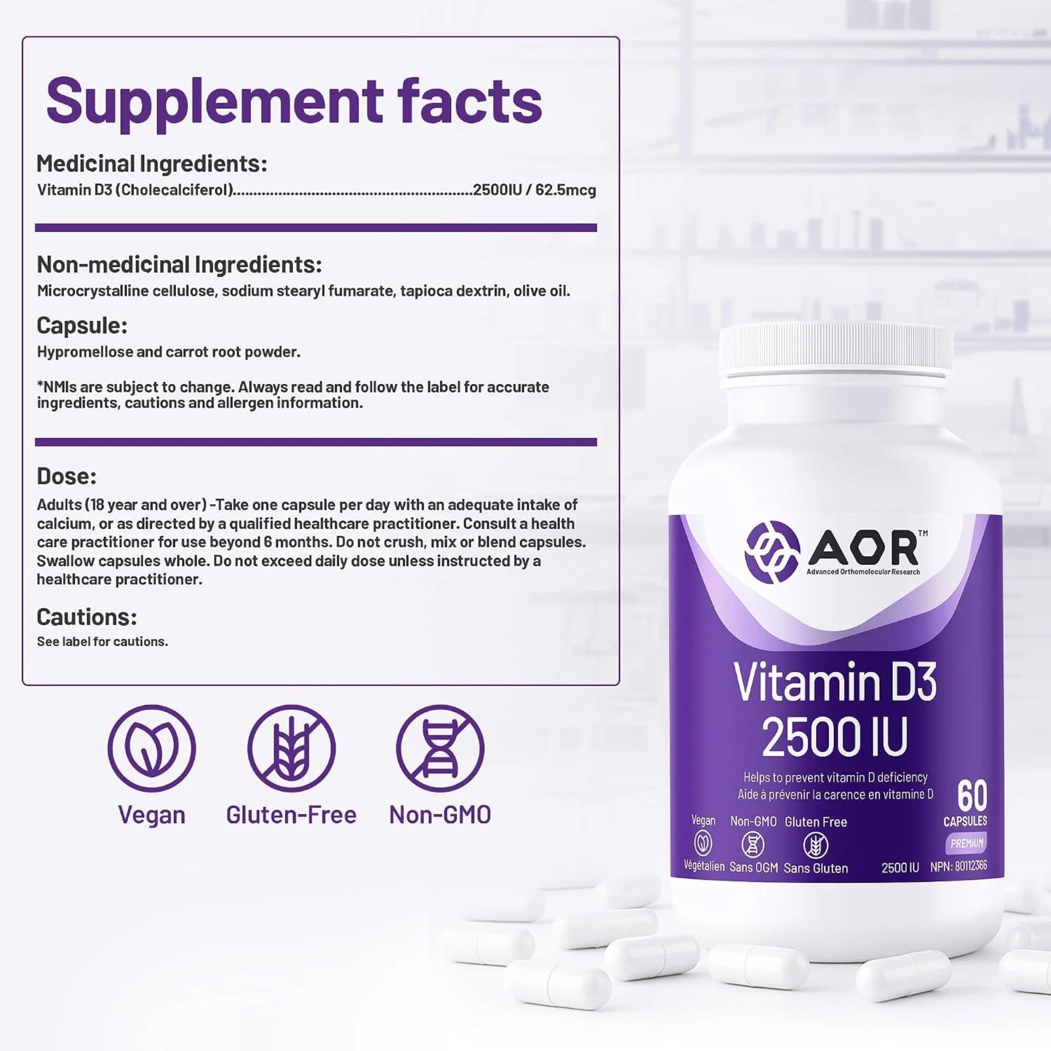 AOR Vitamin D3 2500IU 60 Capsules