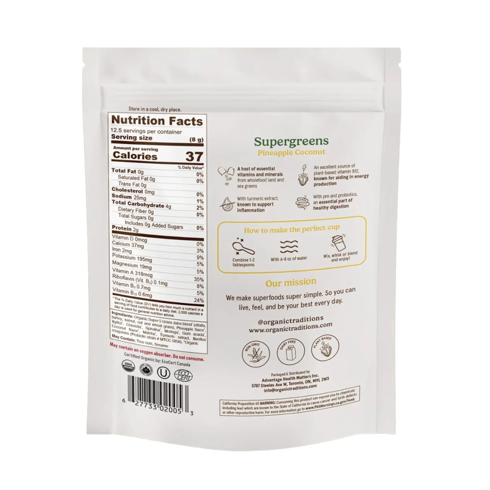 Organic Traditions Supergreens Pineapple Coconut 100g