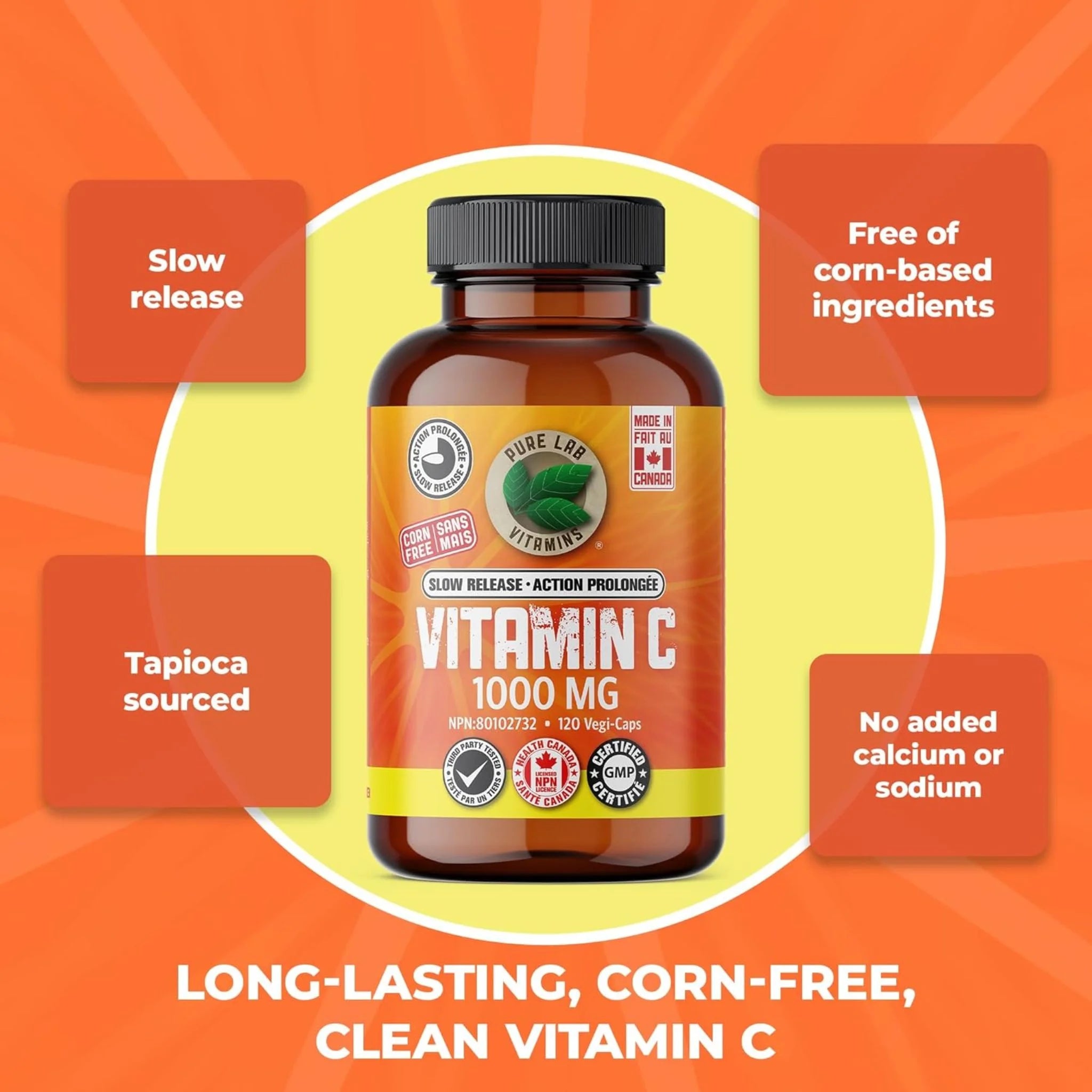 Pure Lab Vitamins Vitamin C Slow Release 1000mg, 120 Vegan Caps