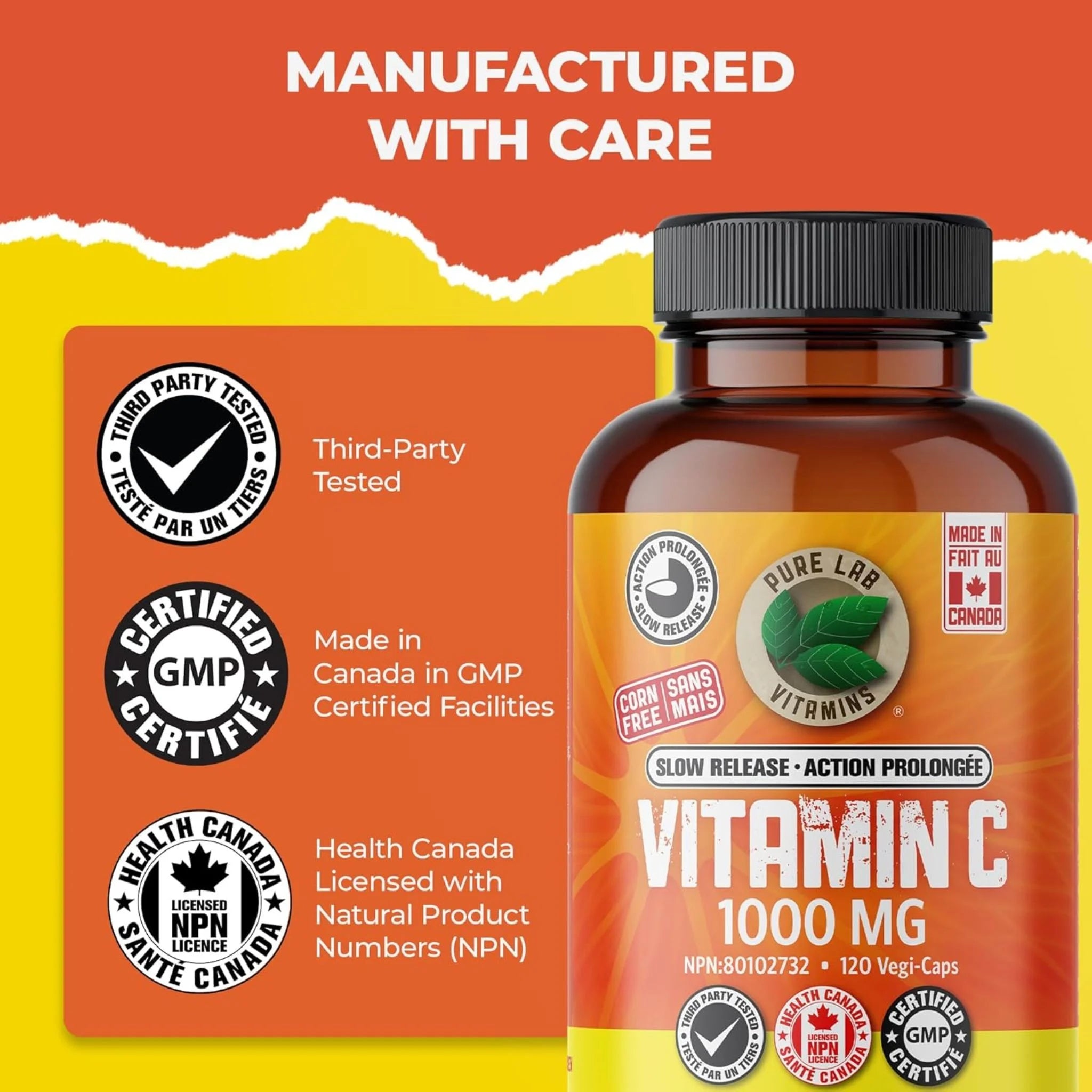 Pure Lab Vitamins Vitamin C Slow Release 1000mg, 120 Vegan Caps