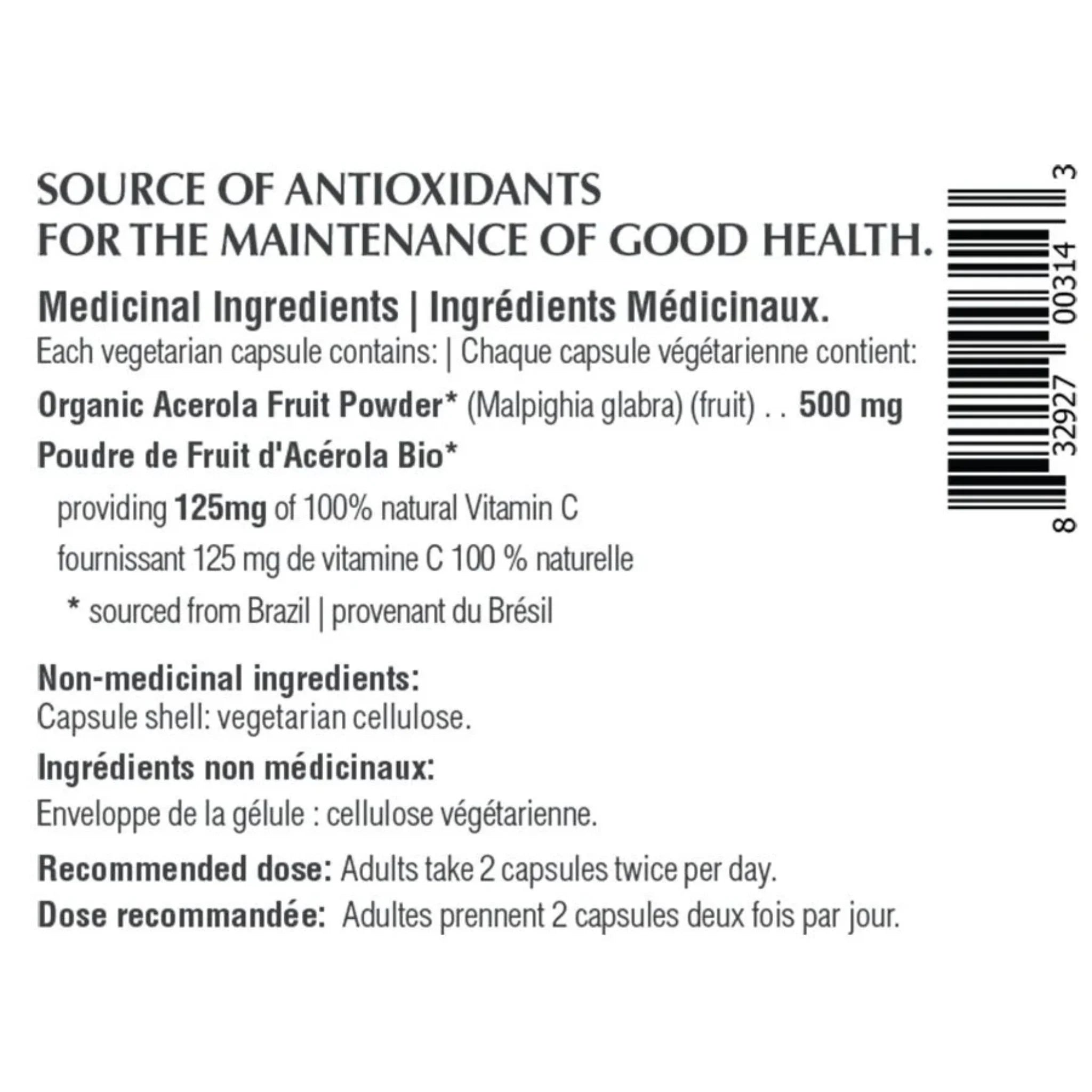 Provita Organic Acerola Vitamin C 60 Vegan Capsules - Nature's Source Inc