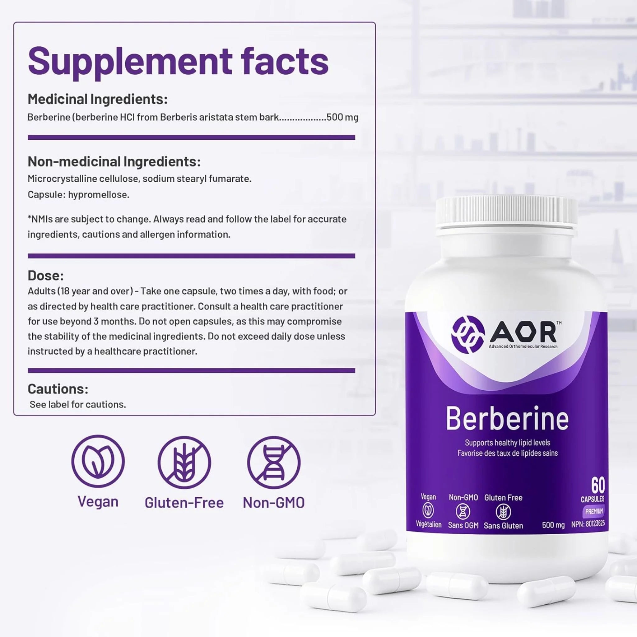 AOR Berberine 500mg 60 Capsules - Nature's Source Inc