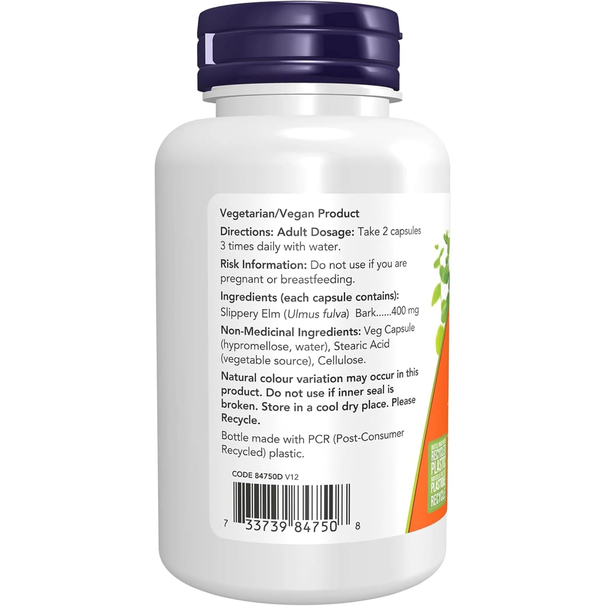 NOW Slippery Elm 400mg 100 Veg Capsules - Nature's Source Inc