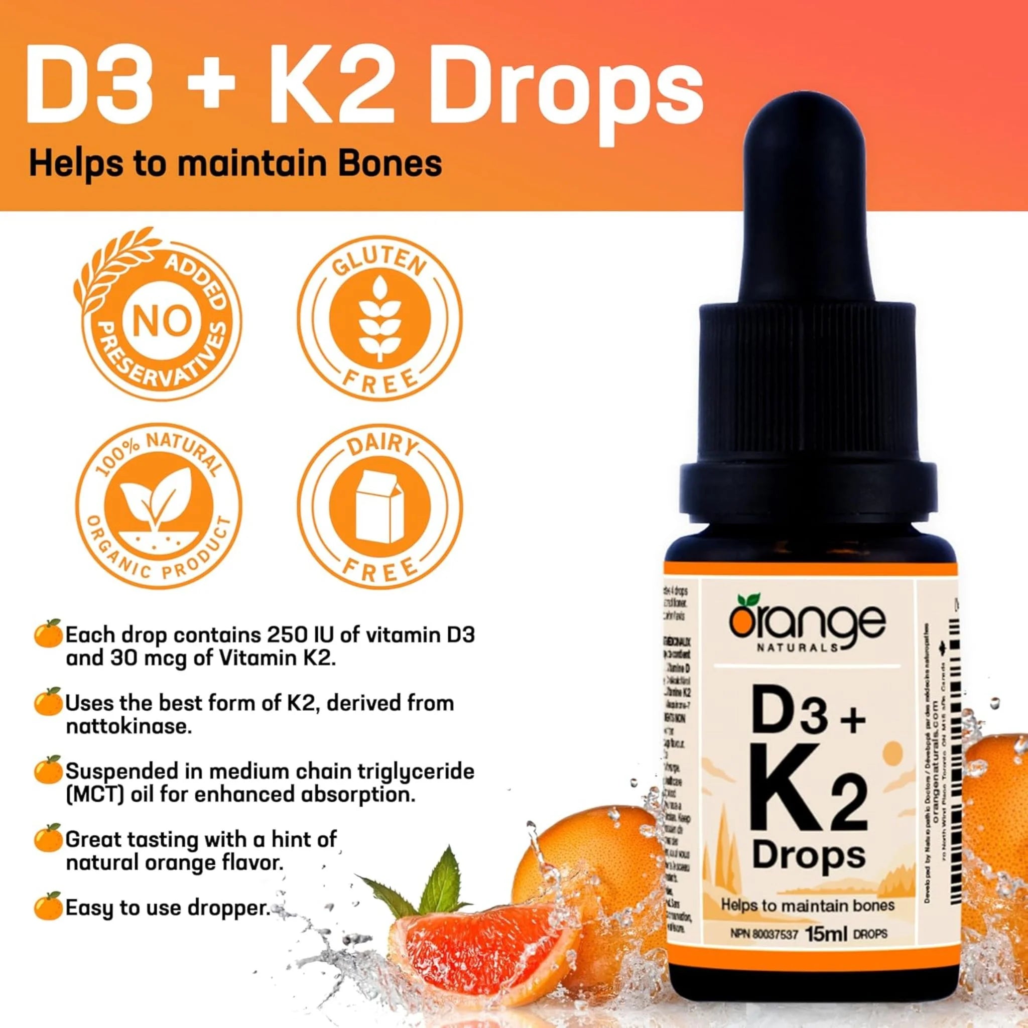 Orange Naturals D3 + K2 Drops Orange 15ml