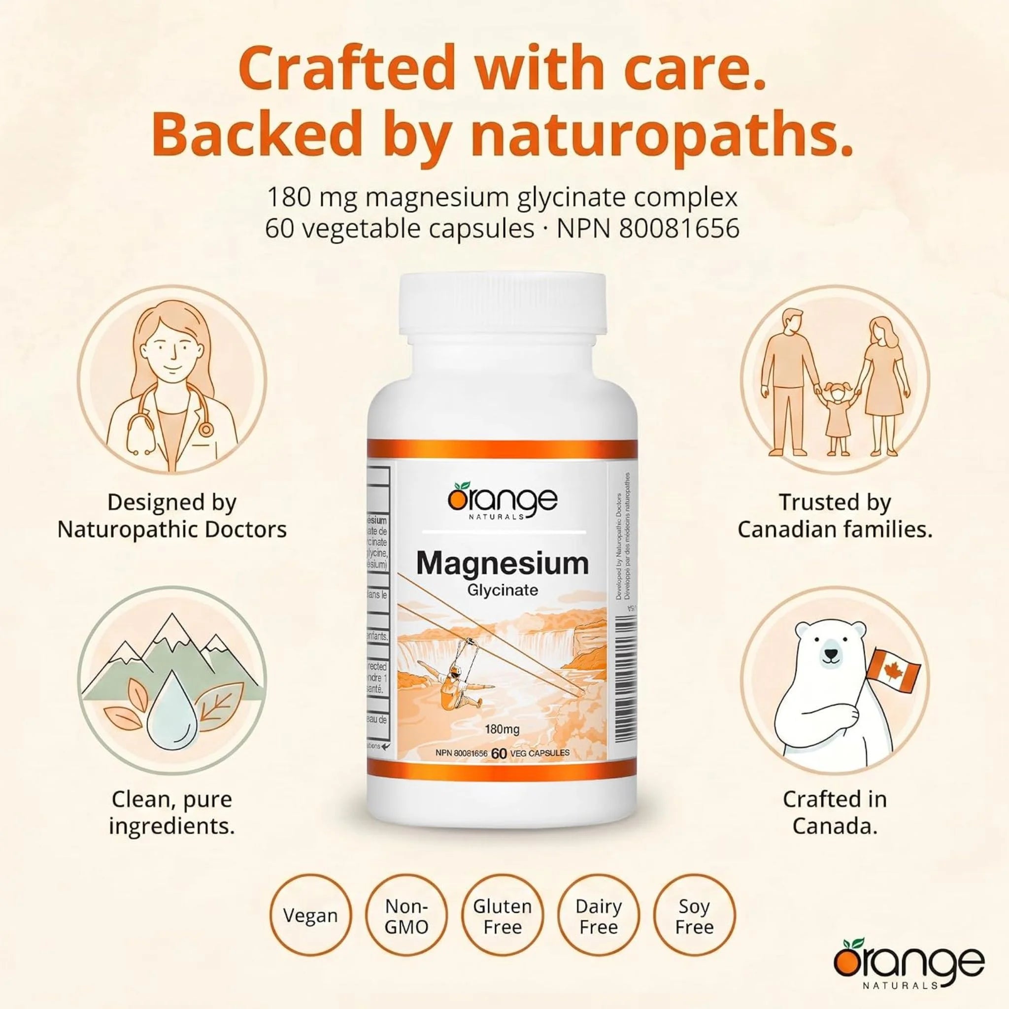 Orange Naturals Magnesium Glycinate 180mg 60 Vegetarian Capsules