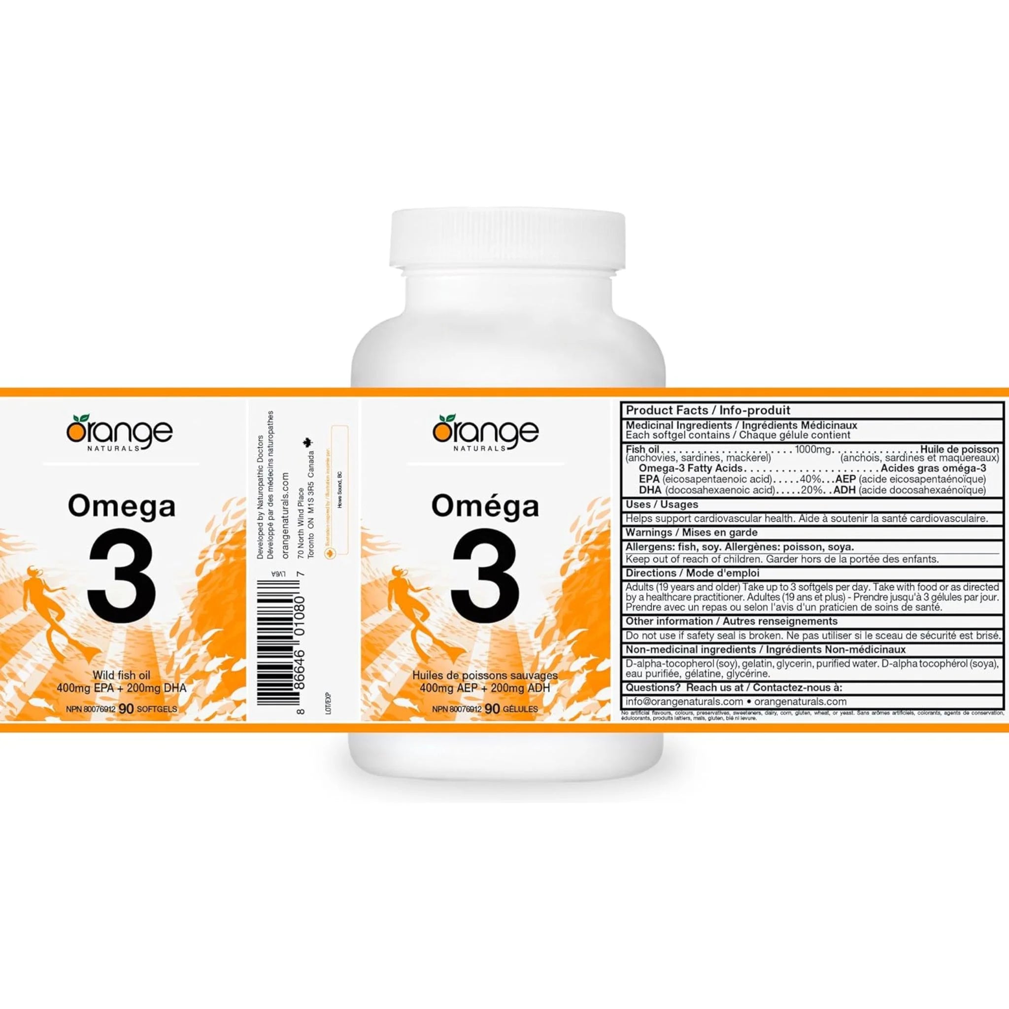 Orange Naturals Omega-3 Fish Oil 400mg EPA + 200mg DHA 90 Softgels