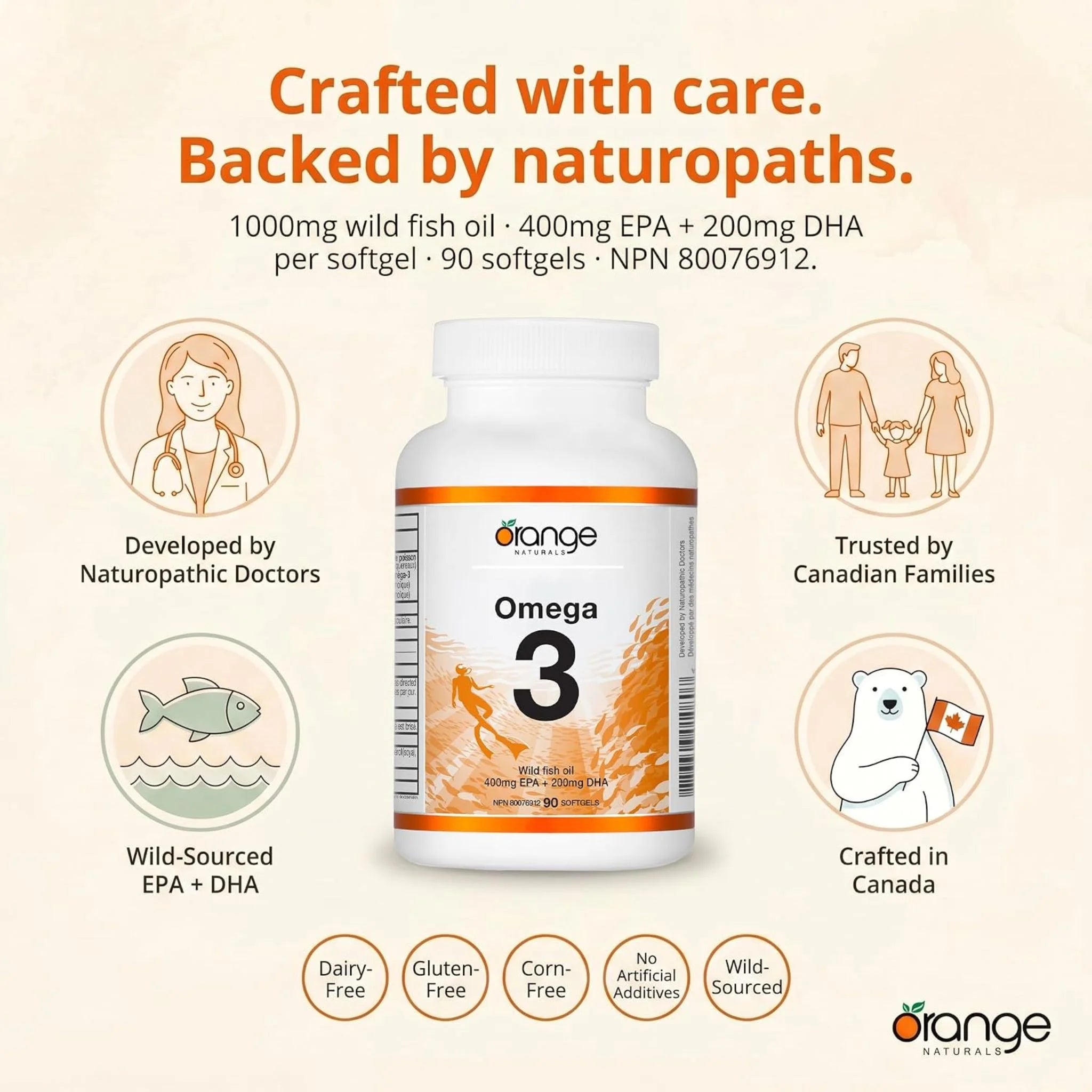 Orange Naturals Omega-3 Fish Oil 400mg EPA + 200mg DHA 90 Softgels