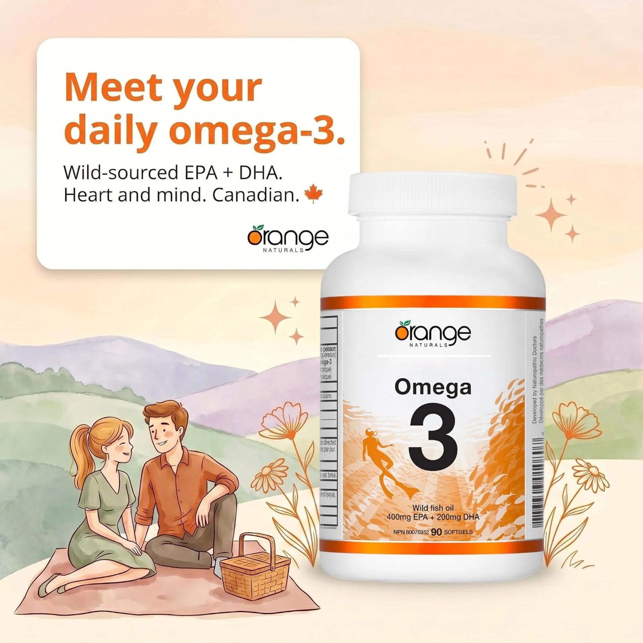 Orange Naturals Omega-3 Fish Oil 400mg EPA + 200mg DHA 90 Softgels