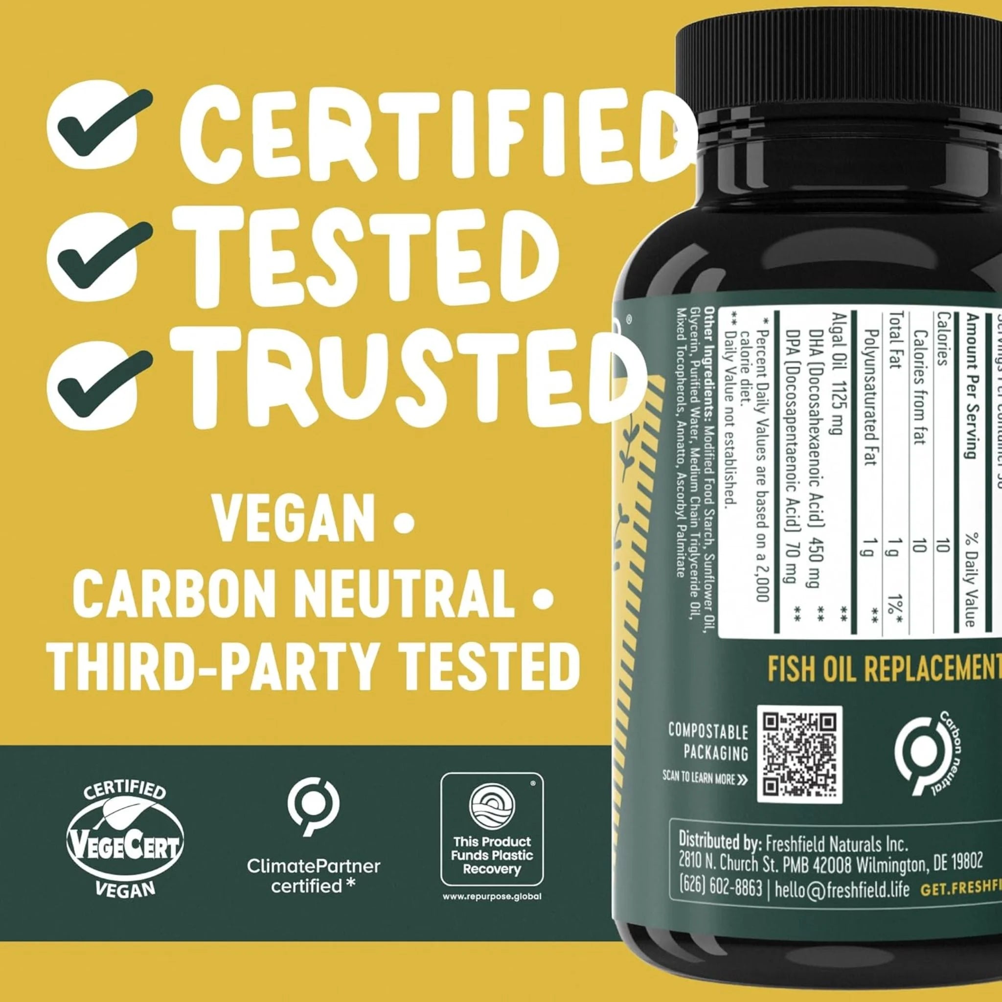 FreshField Vegan Omega 3 DHA + DPA 180 Vegan Capsules - Nature's Source Inc